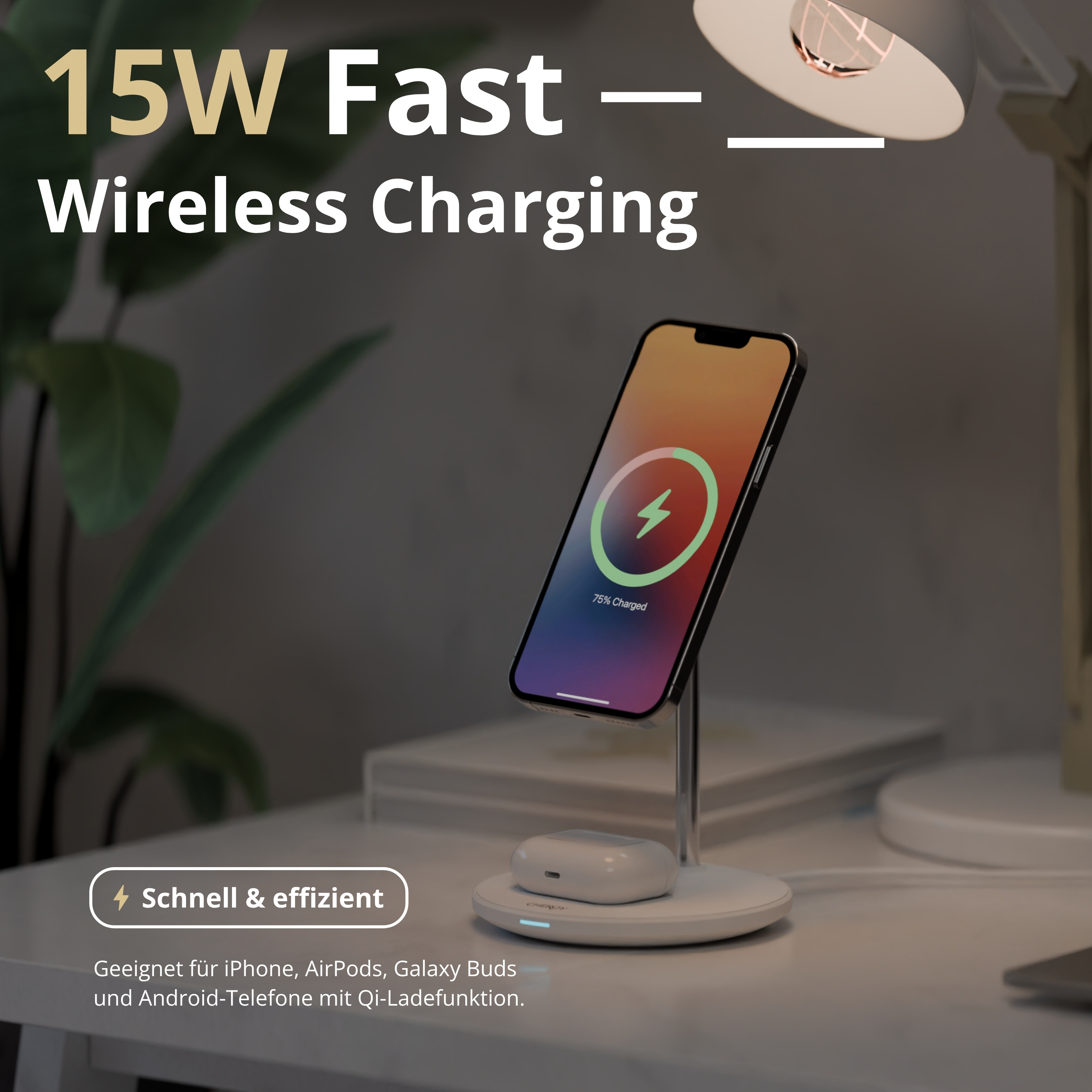 Ein Telefon, das auf einer weißen Basis aufgeladen wird, mit Ohrhörern und dem Text Wireless Charging. 75 % aufgeladen ist sichtbar.