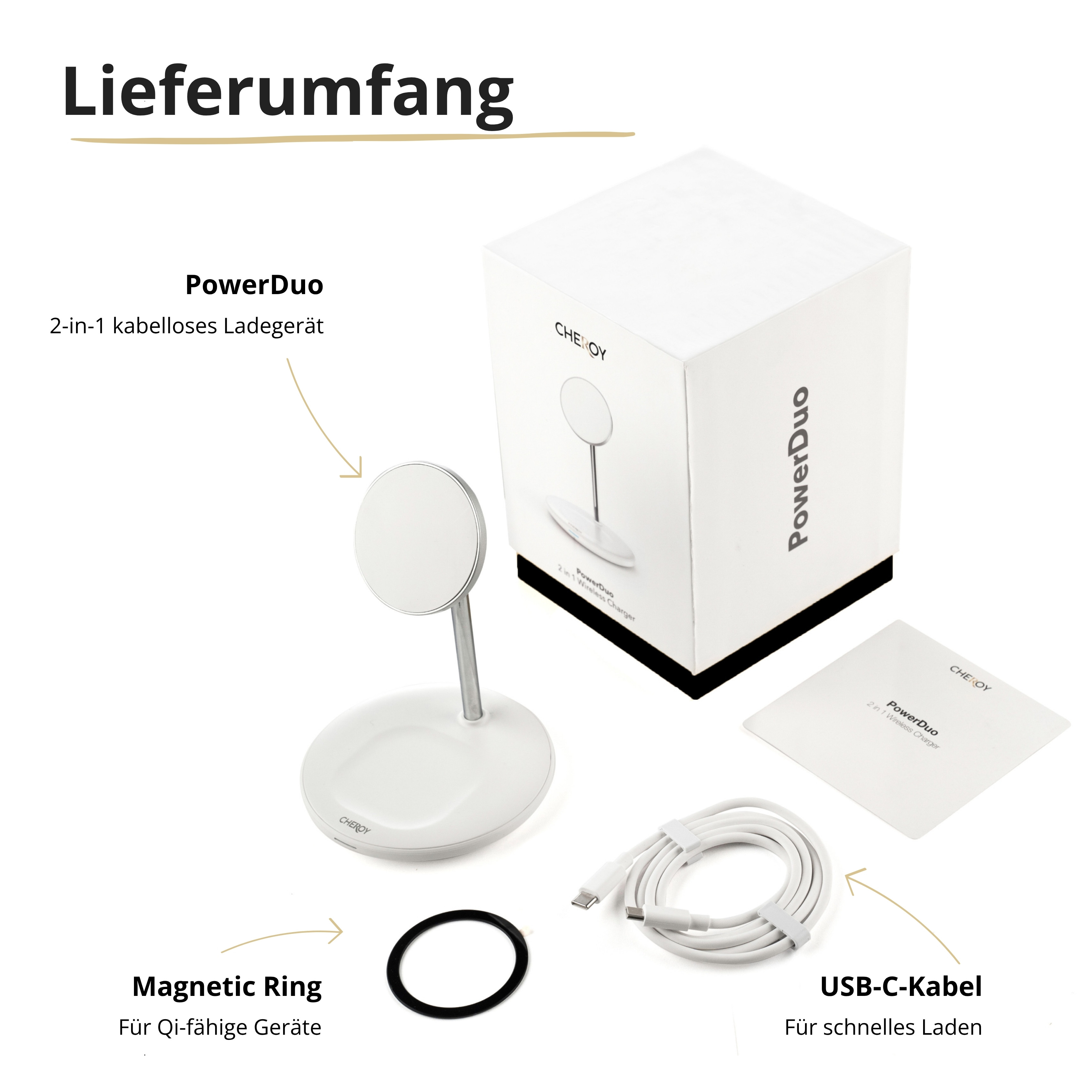 Ein weißes kabelloses Ladegerät, eine Box, ein USB-C-Kabel und ein schwarzer Magnetring werden gezeigt.