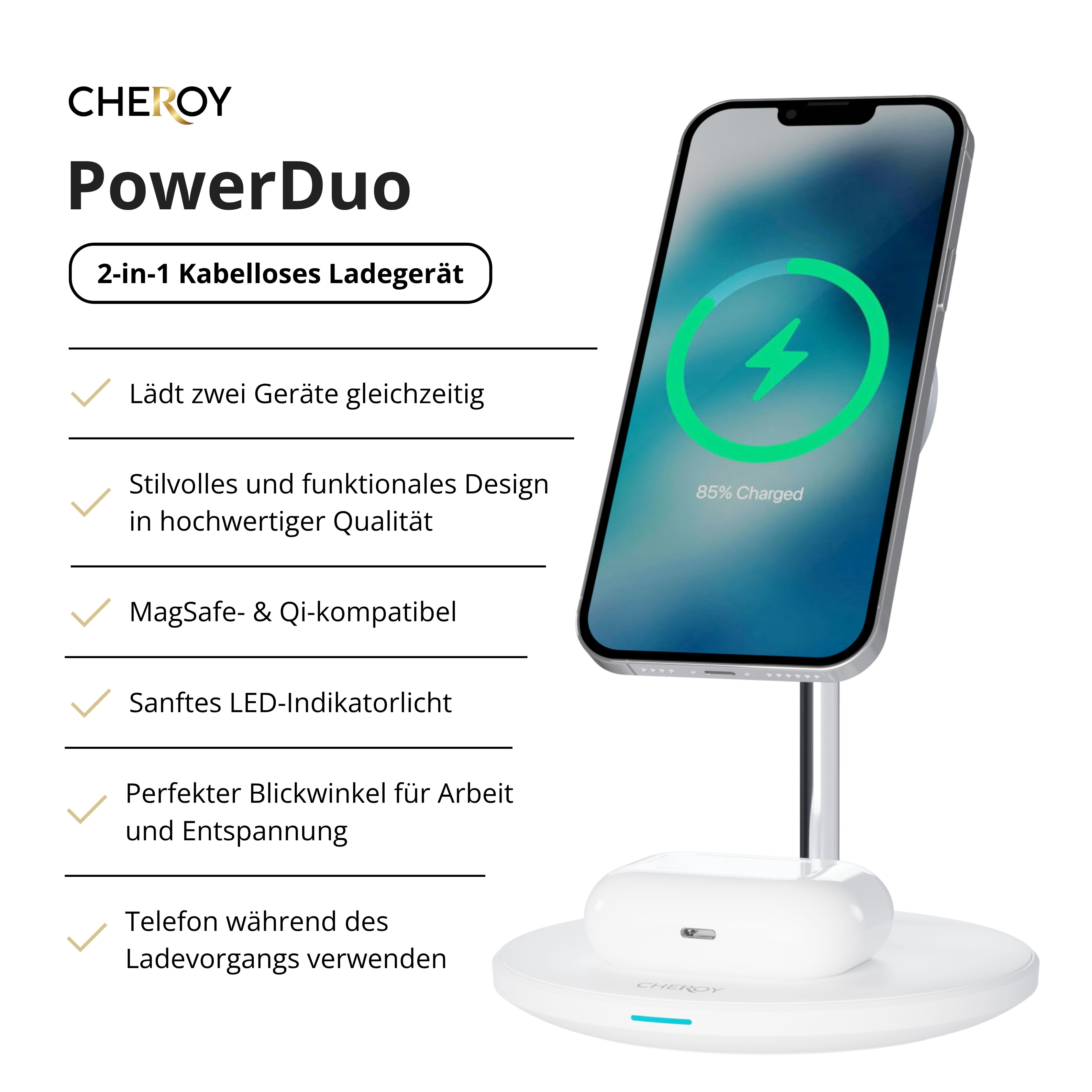 Eine weiße Ladestation mit einem ladenden Telefon. Der Text lautet Power Duo, 2-in-1-Funkladegerät.