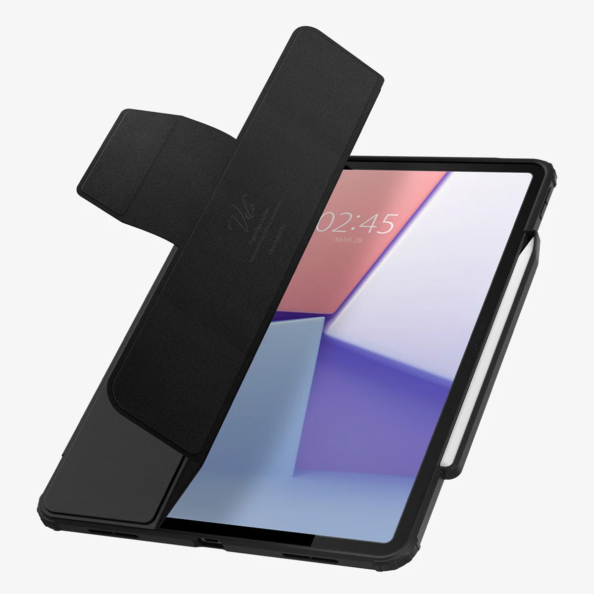 Black tablet with a black cover partially open, showing the screen with a stylus attached. The screen displays time and date.