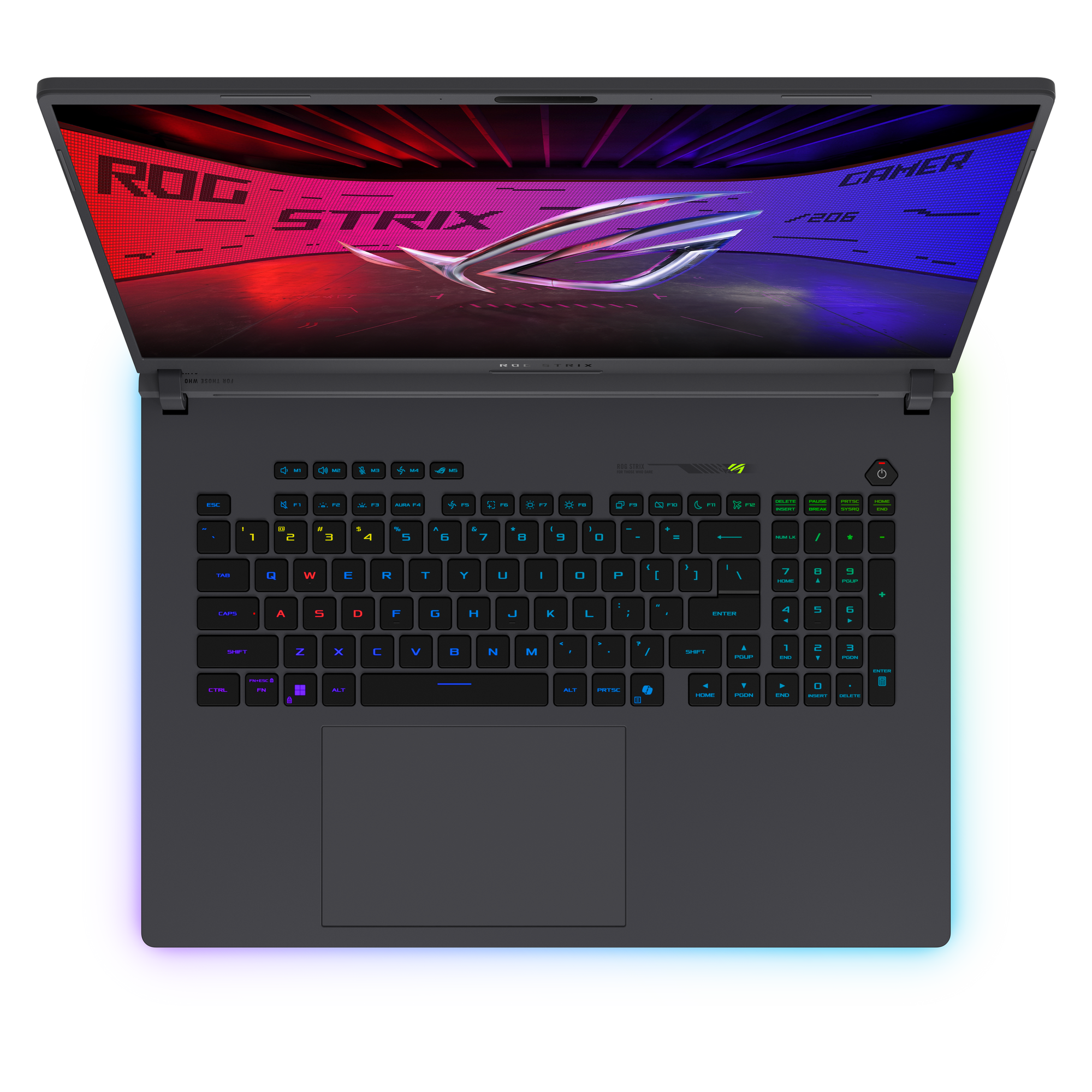 Otwarty laptop z podświetlaną klawiaturą. Ekran wyświetla logo ROG STRIX i grafikę gracza. Klawiatura jest ciemnoszara.