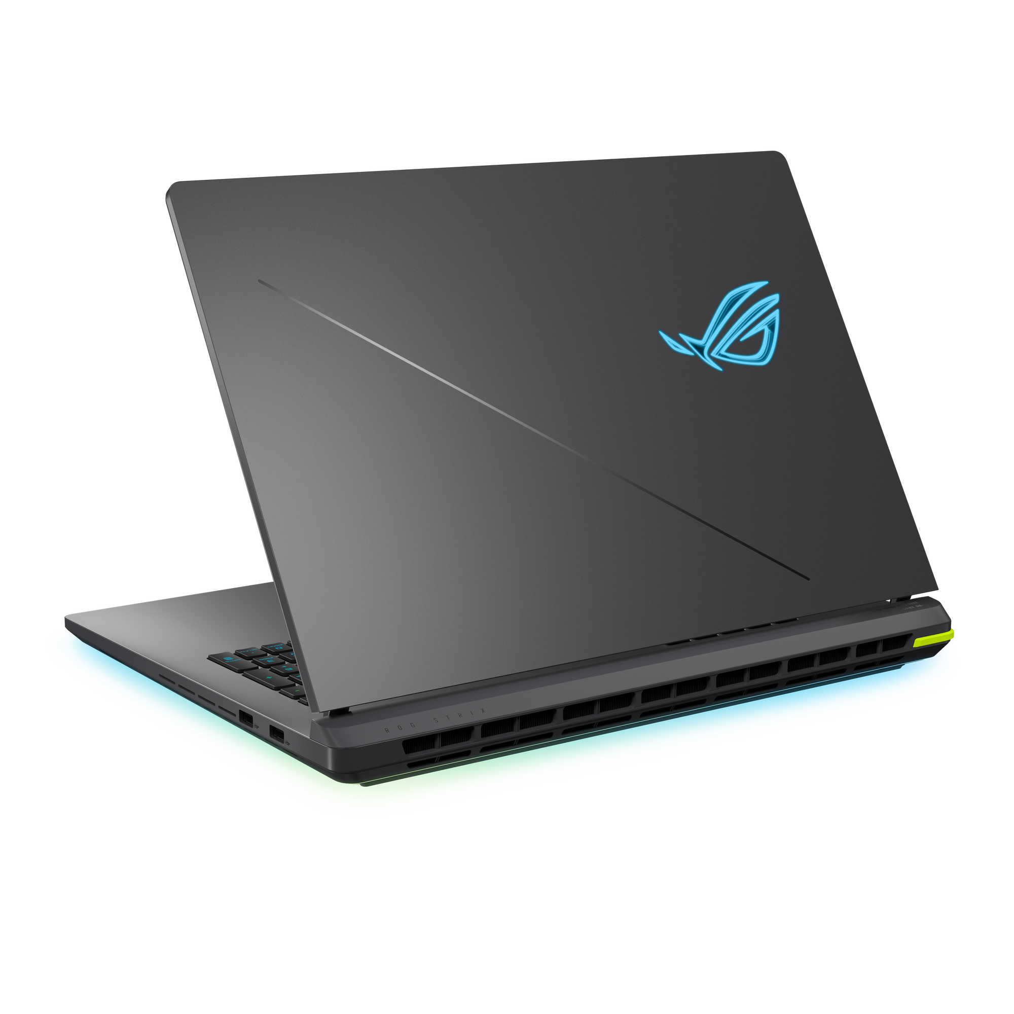 Ciemnoszary laptop jest otwarty, wyświetlając niebieskie logo. Spód ma oświetlenie RGB. Czarne tło.