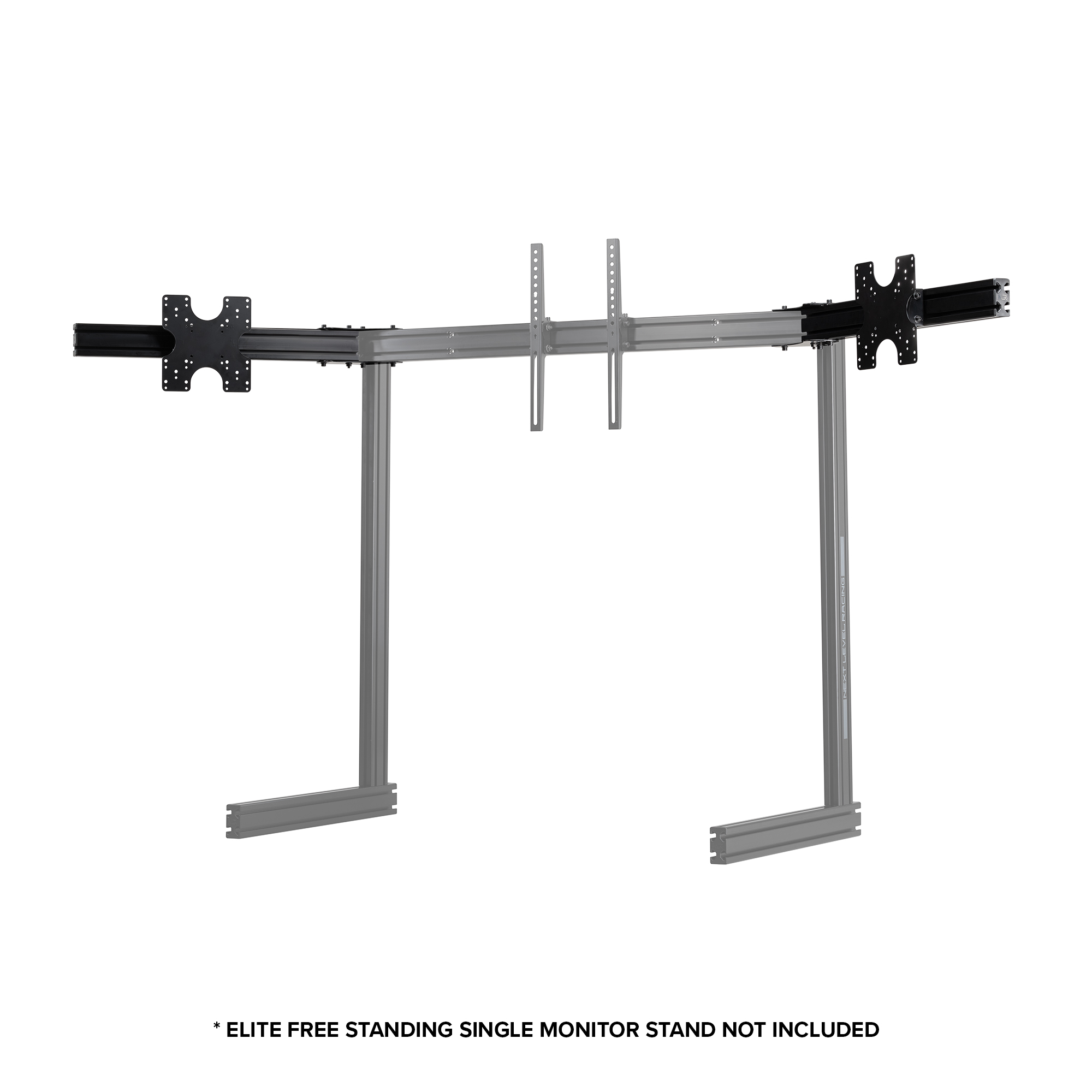 Un soporte de monitor gris. Tiene tres barras horizontales con soportes negros para monitores. Los soportes verticales también son grises.