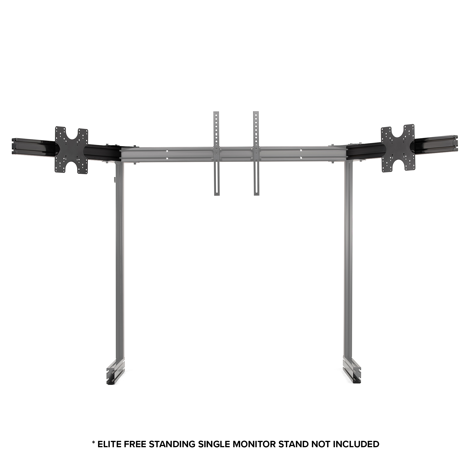 Un soporte metálico para monitores con barras horizontales, brazos de soporte y soportes verticales. Esquema de color negro y plateado sobre fondo blanco.