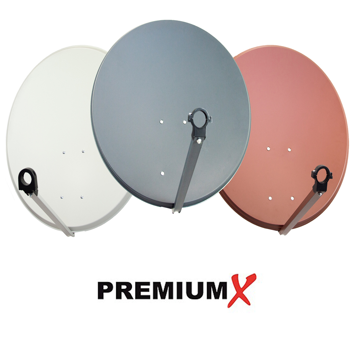 Drei Satellitenschüsseln: weiß, grau und rotbraun. Das Wort PREMIUM mit einem roten X steht unten.