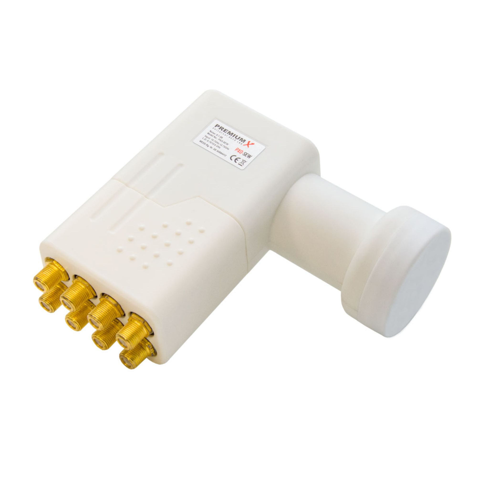 Ein weißer Satellitenempfänger mit goldenen Anschlüssen und einem zylindrischen Ausgang. Auf dem Etikett steht PREMIUM X.