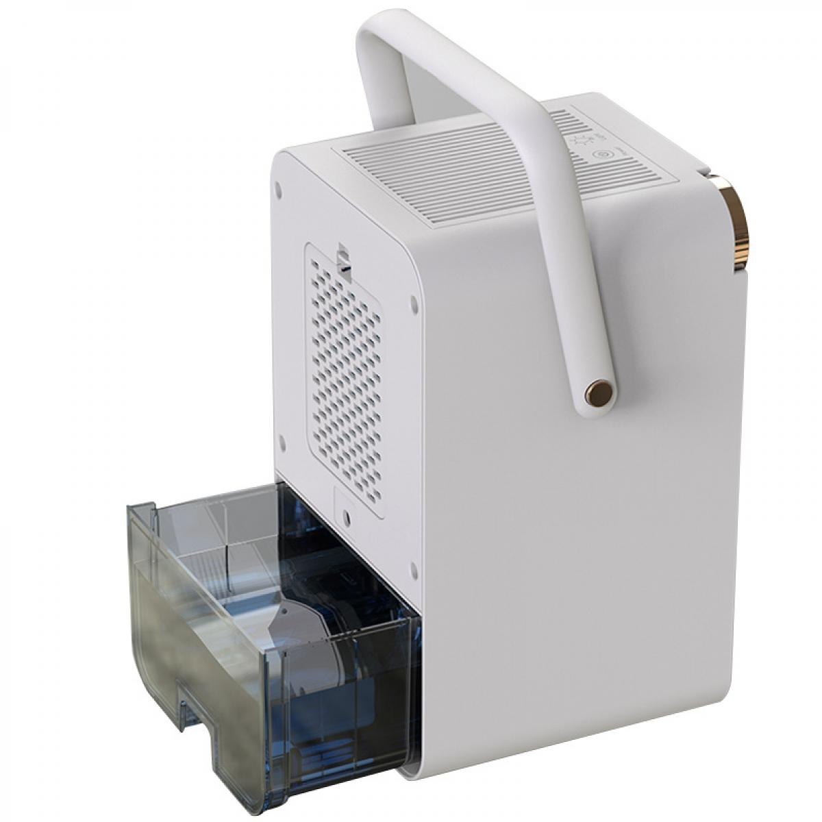 Weißer Luftreiniger mit Griff, Belüftung und Wassertank. Der Tank ist transparent. Das Gerät hat ein modernes Design.