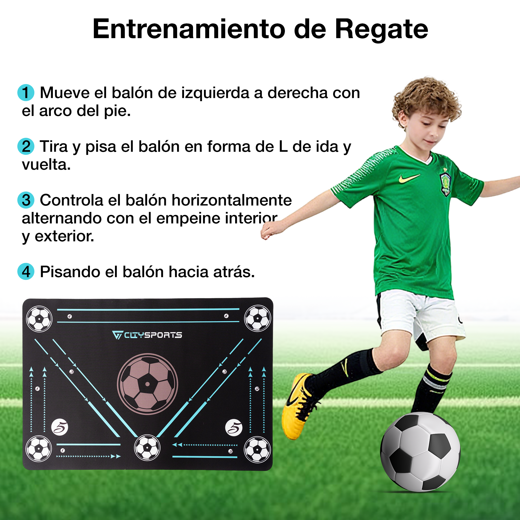 Un niño con camiseta verde patea un balón de fútbol en un campo verde. En el fondo hay una esterilla de entrenamiento con patrones de balón.
