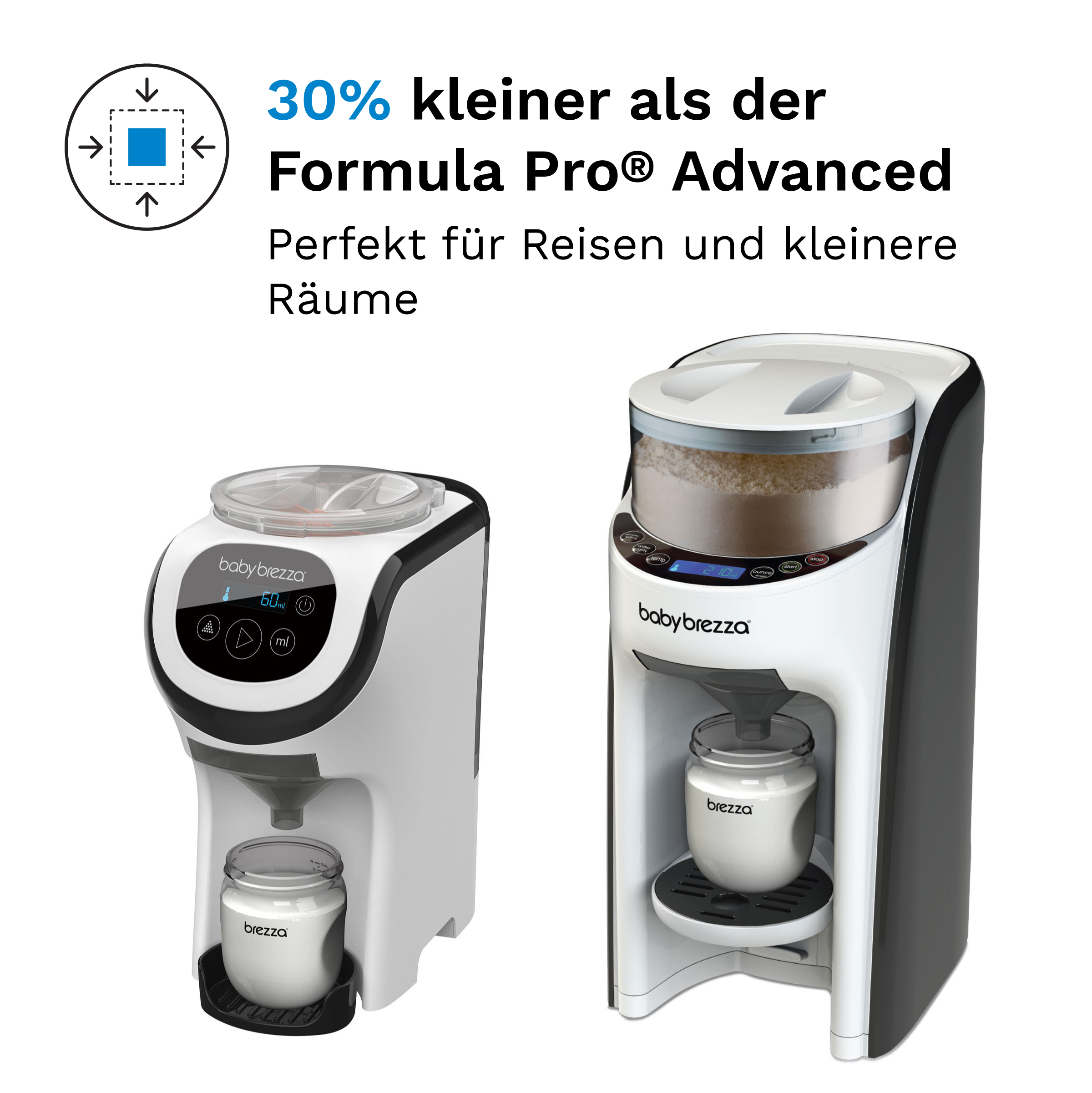 Zwei weiße Babynahrungszubereiter mit Text. Einer links, einer rechts. Text sagt 30% kleiner.