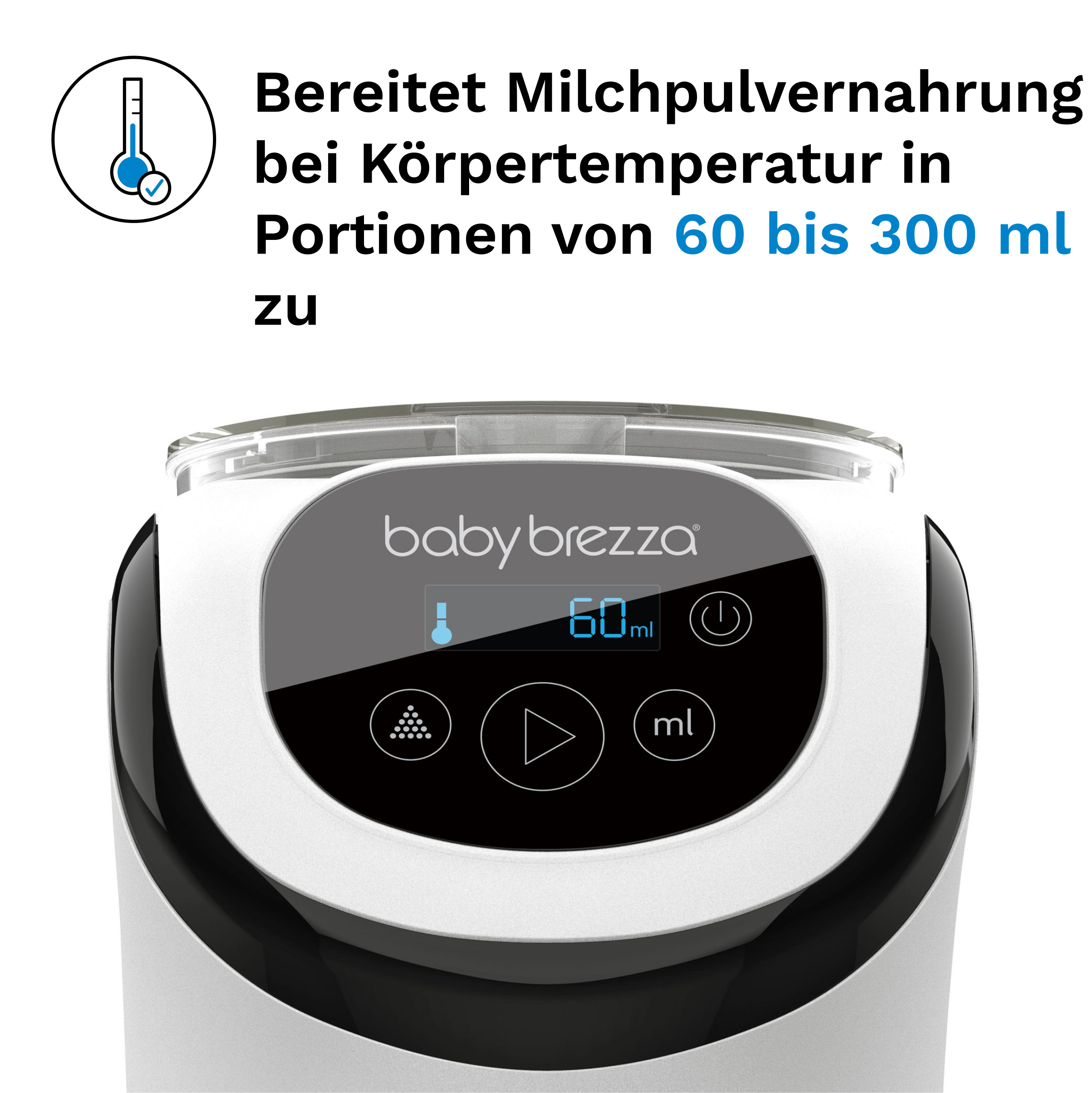 Ein Baby-Formelzubereiter mit Digitalanzeige, die 60 ml anzeigt. Text zeigt die Zubereitung bei Körpertemperatur.