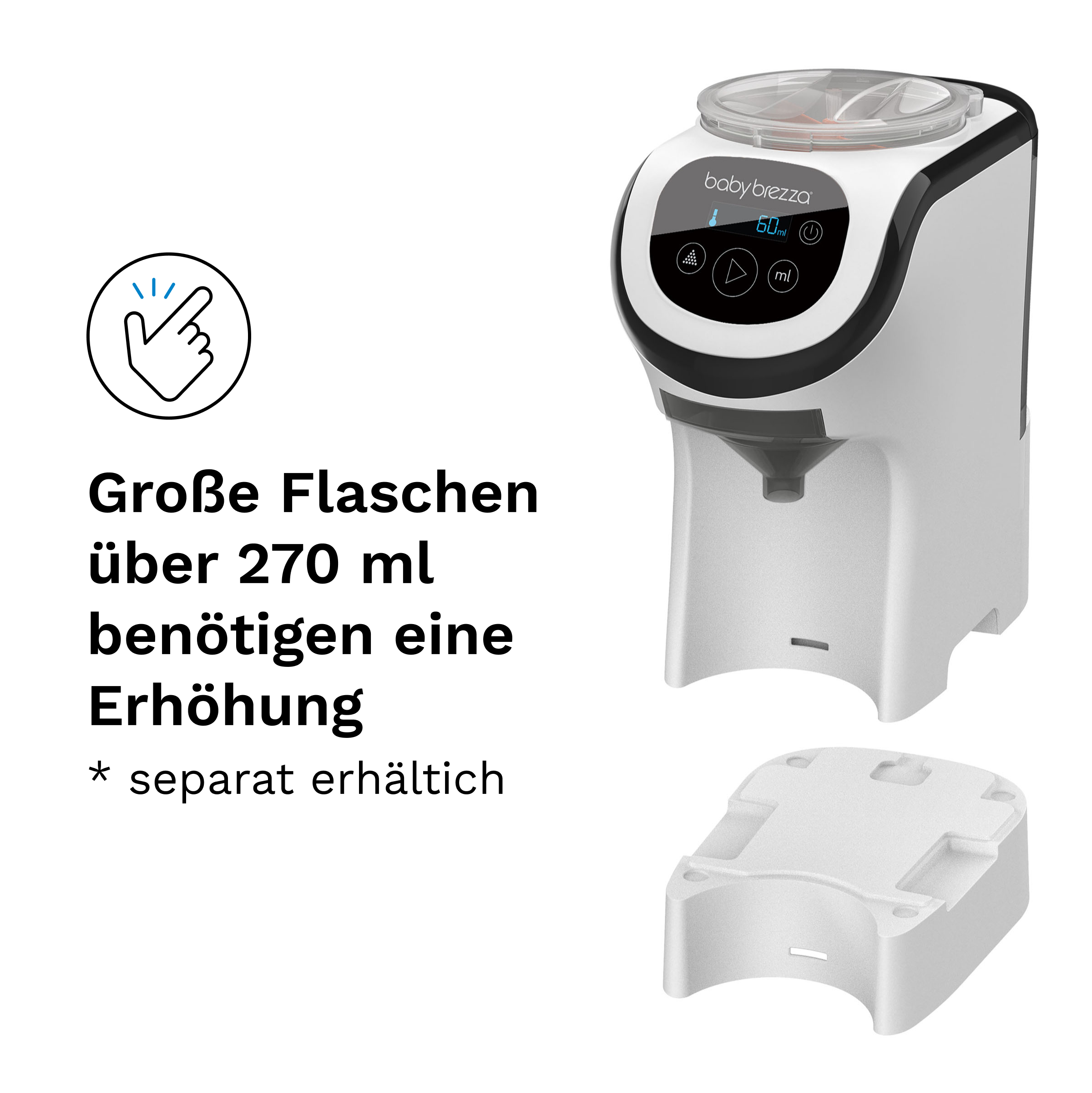 Ein weiß-schwarzer Babynahrungszubereiter mit Text und einem Handsymbol. Die Basis ist getrennt.