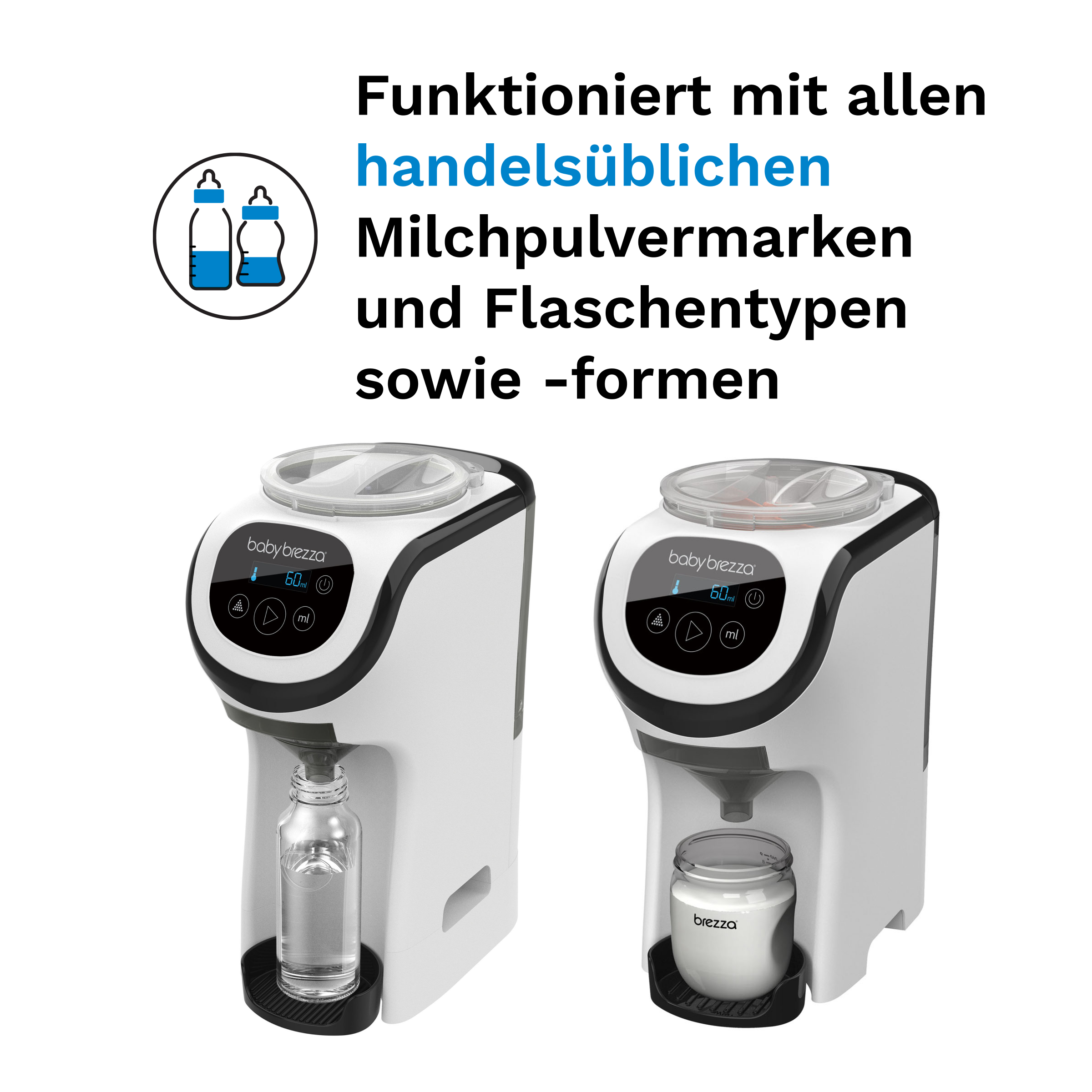Zwei Baby-Milchpulverzubereiter, weiß mit schwarzen Akzenten. Der Text auf Deutsch besagt die Kompatibilität.