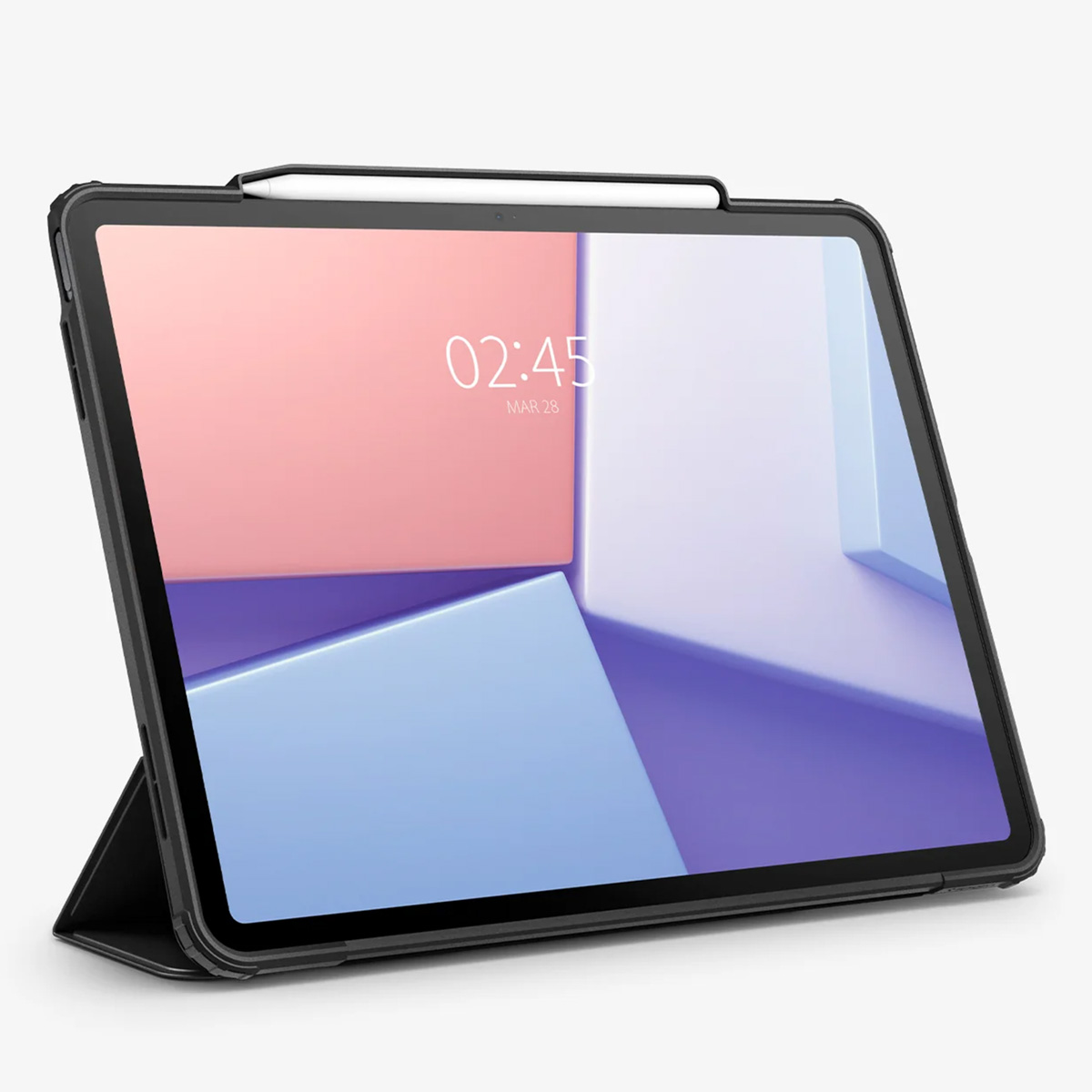 Tablet with black case, showing time, with a white stylus. The screen displays pink, blue, and purple abstract shapes.