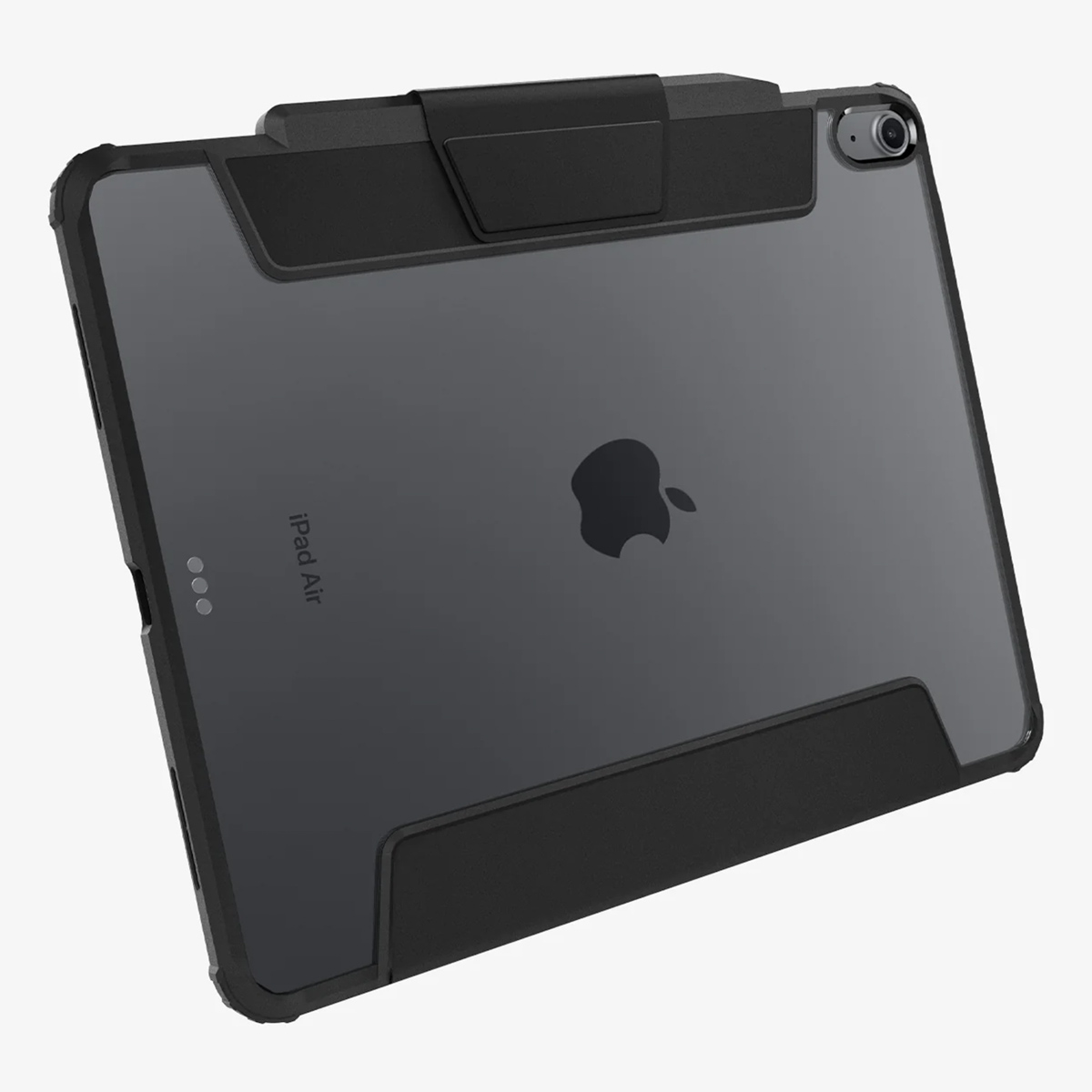 An iPad Air in a black protective case. The Apple logo is visible. The case has a built-in stand and a camera on the top.