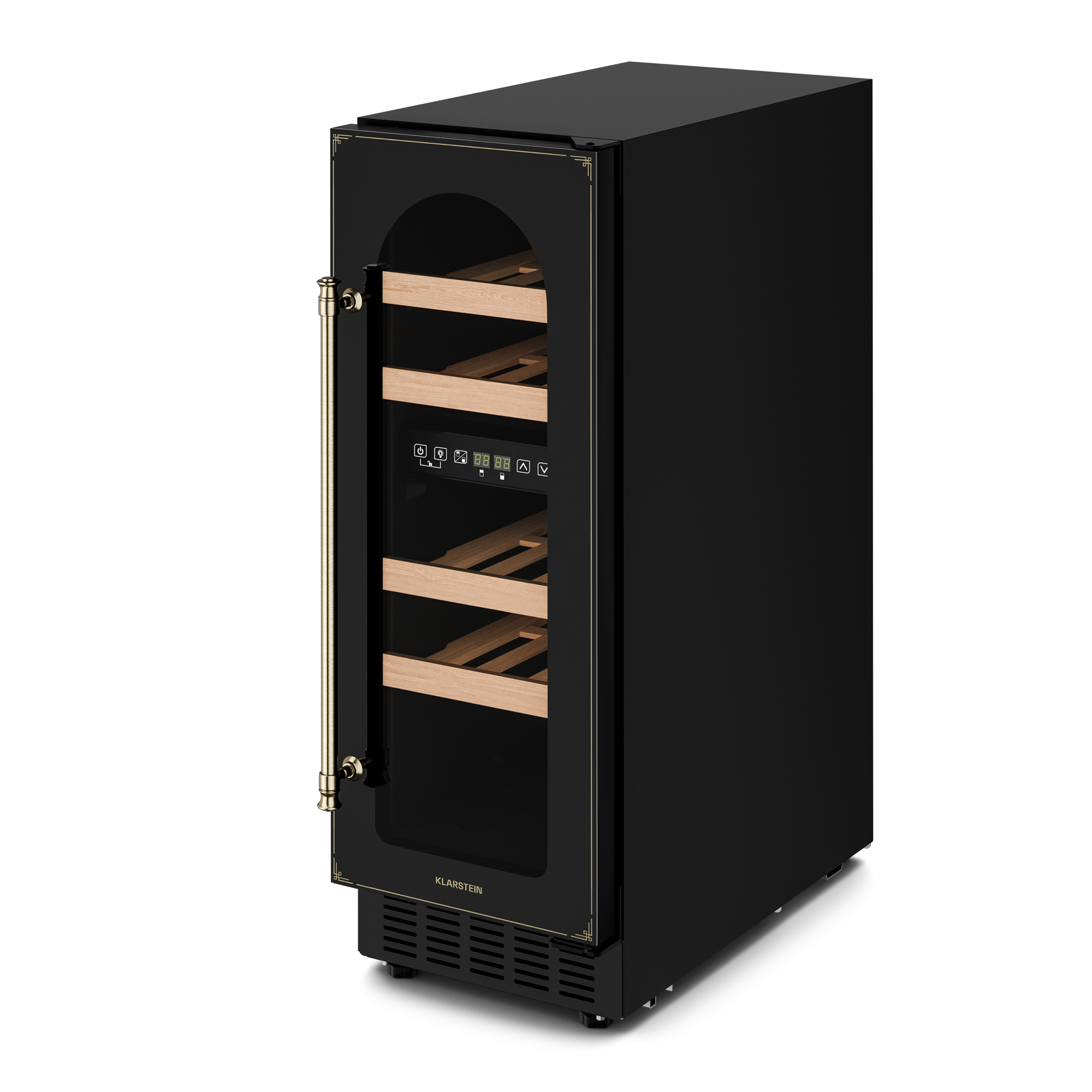 Frigorifero per vino nero con porta in vetro. Accenti dorati e ripiani in legno visibili. Display digitale e maniglia dorata.