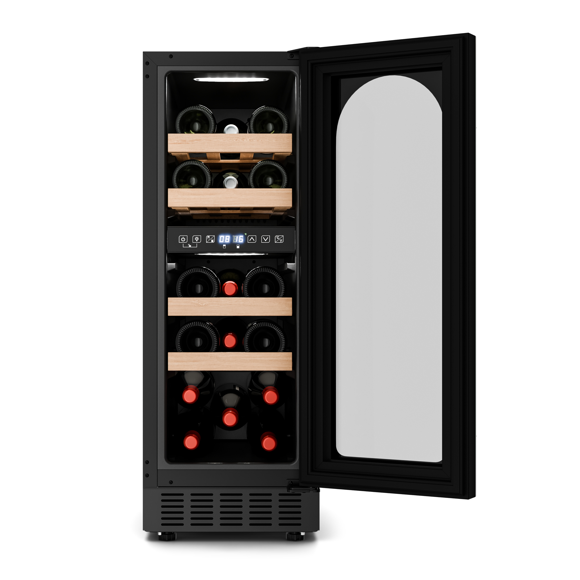 Cantinetta con porta aperta. Bottiglie di vino visibili all'interno. La porta ha un pannello di vetro e una cornice nera.