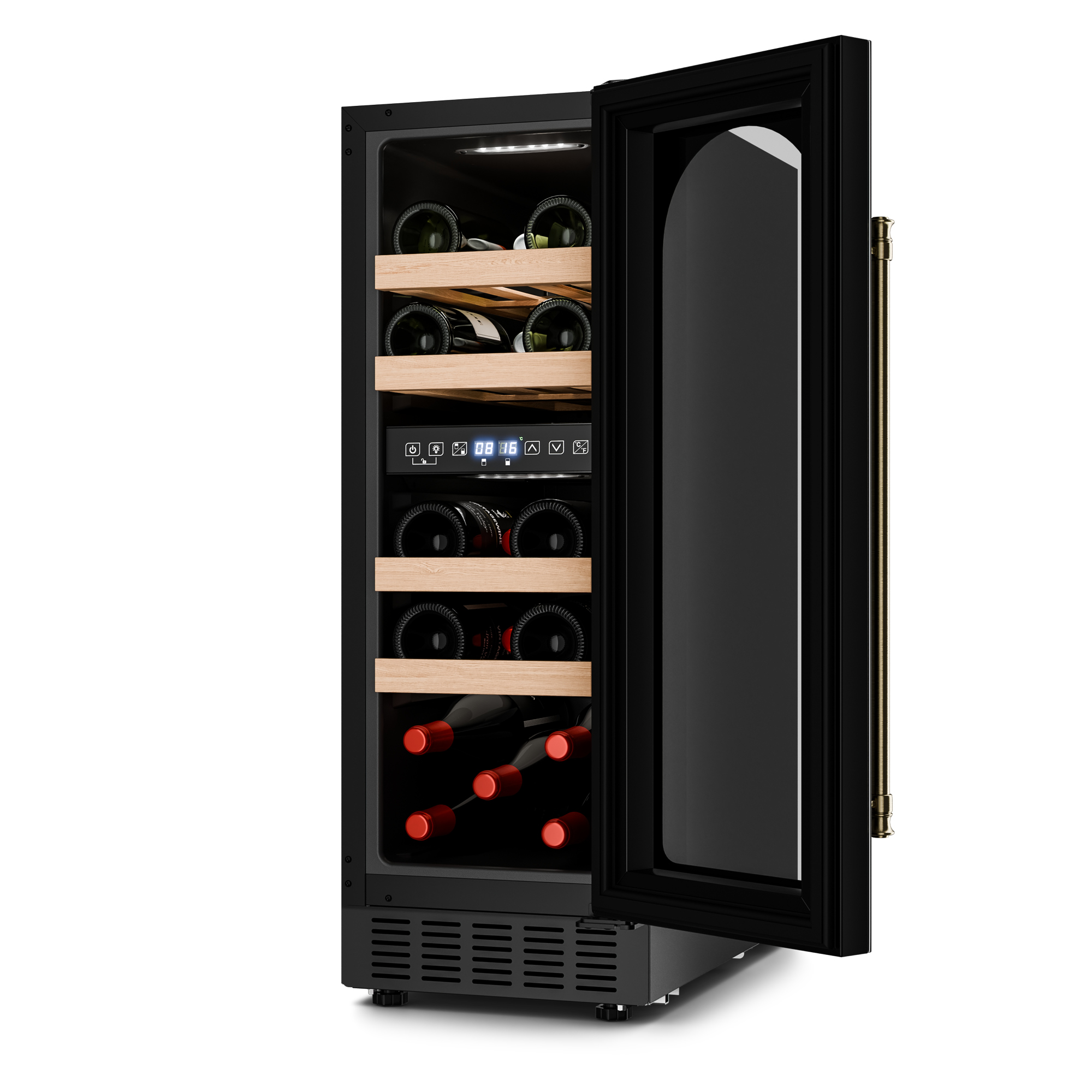 Un armadietto per il vino con la porta aperta, che mostra bottiglie su scaffali di legno. La porta ha una maniglia dorata.