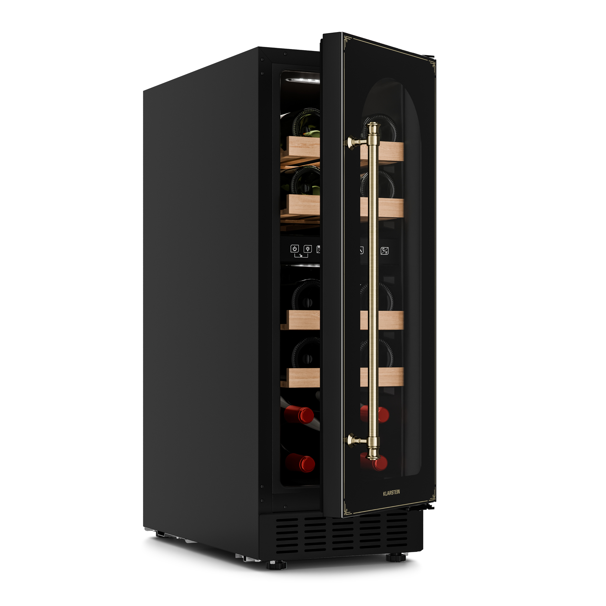 Un refrigeratore per vino nero con porta a vetro, rivela bottiglie di vino su ripiani in legno. Maniglia e finiture dorate.