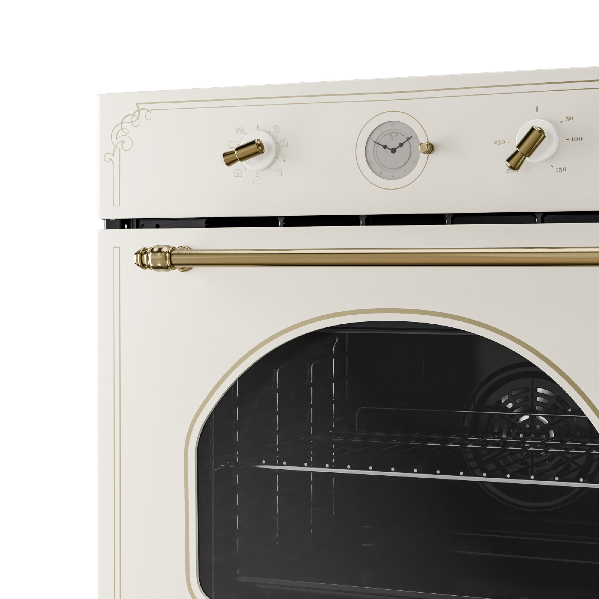 Horno crema con detalles dorados. Cuenta con perillas, un reloj y un asa. La puerta del horno está abierta, revelando el interior.