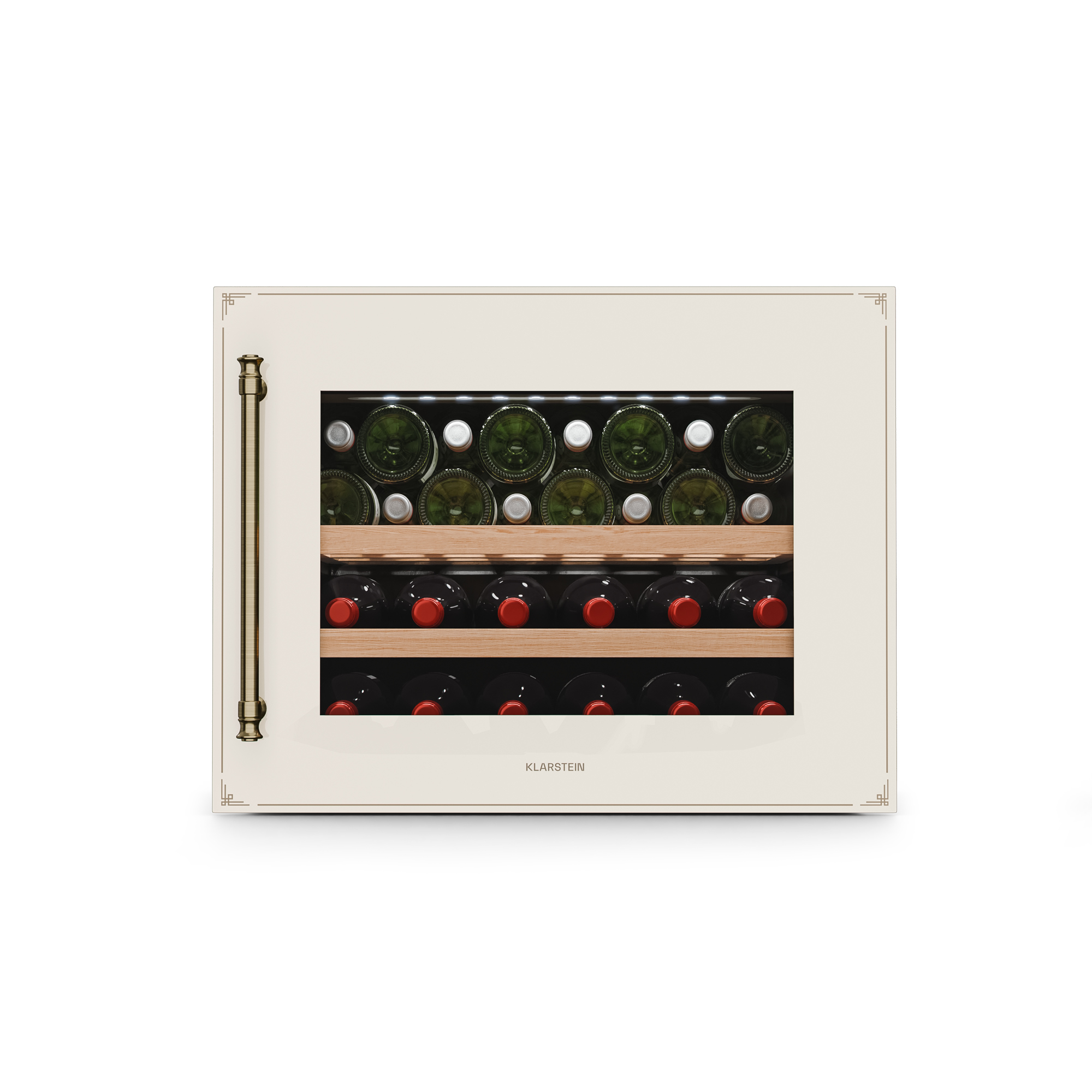 Una cantinetta con diverse bottiglie visibili. Il refrigeratore ha una cornice color crema e una maniglia dorata.