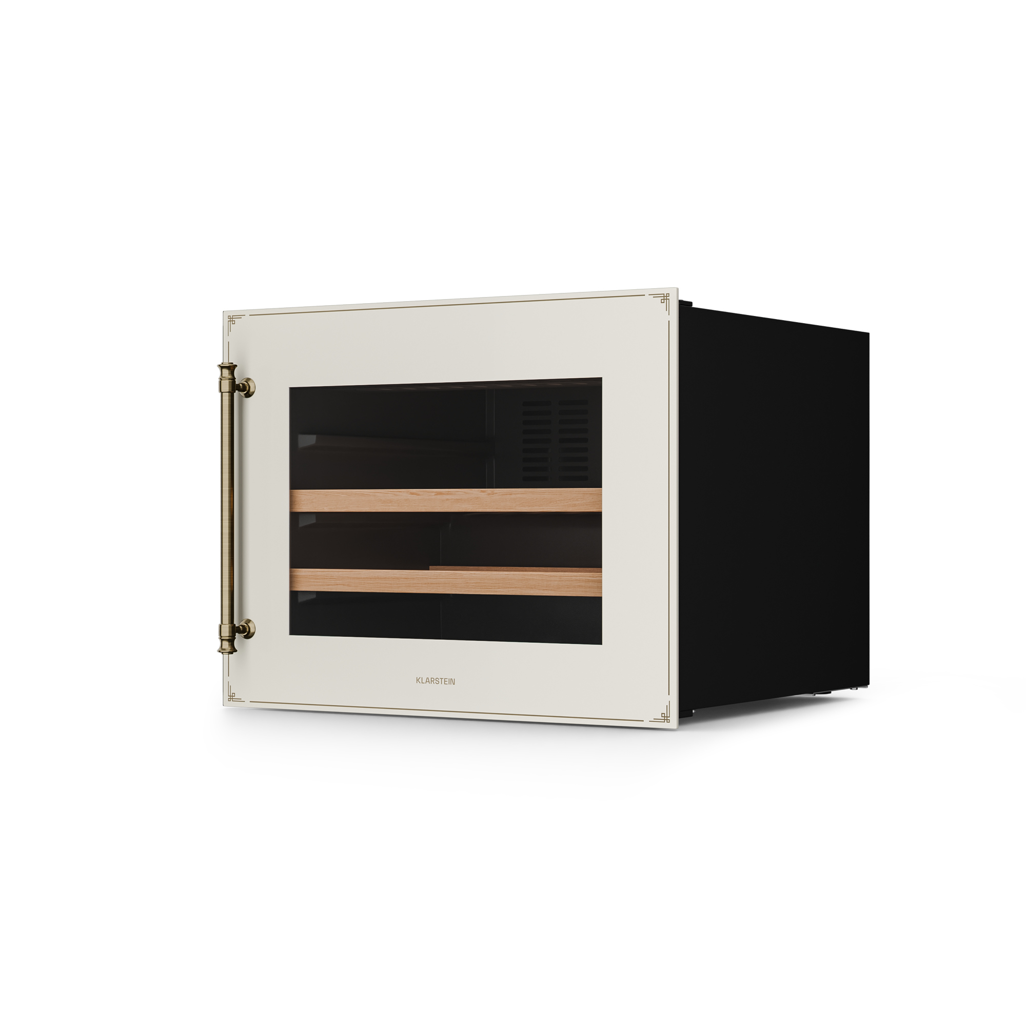 Un refrigeratore per vino color crema e oro con un lato nero. Ha una porta a vetro, ripiani in legno e una maniglia dorata.