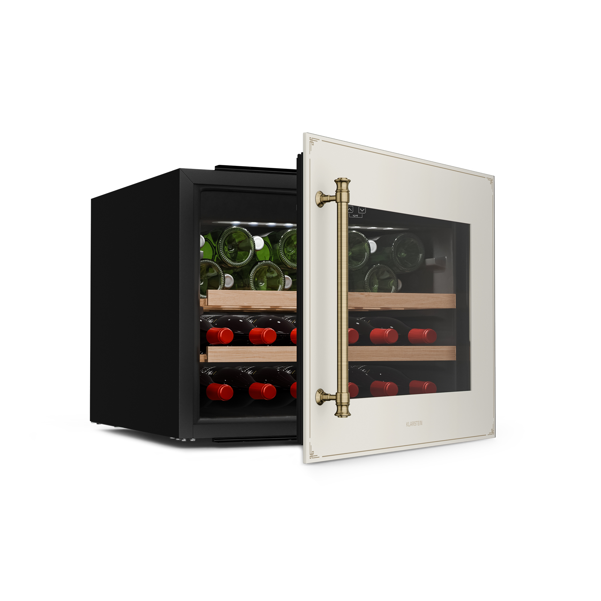 Frigorifero per vino con porta aperta. Bottiglie di vino visibili. La porta è color crema.