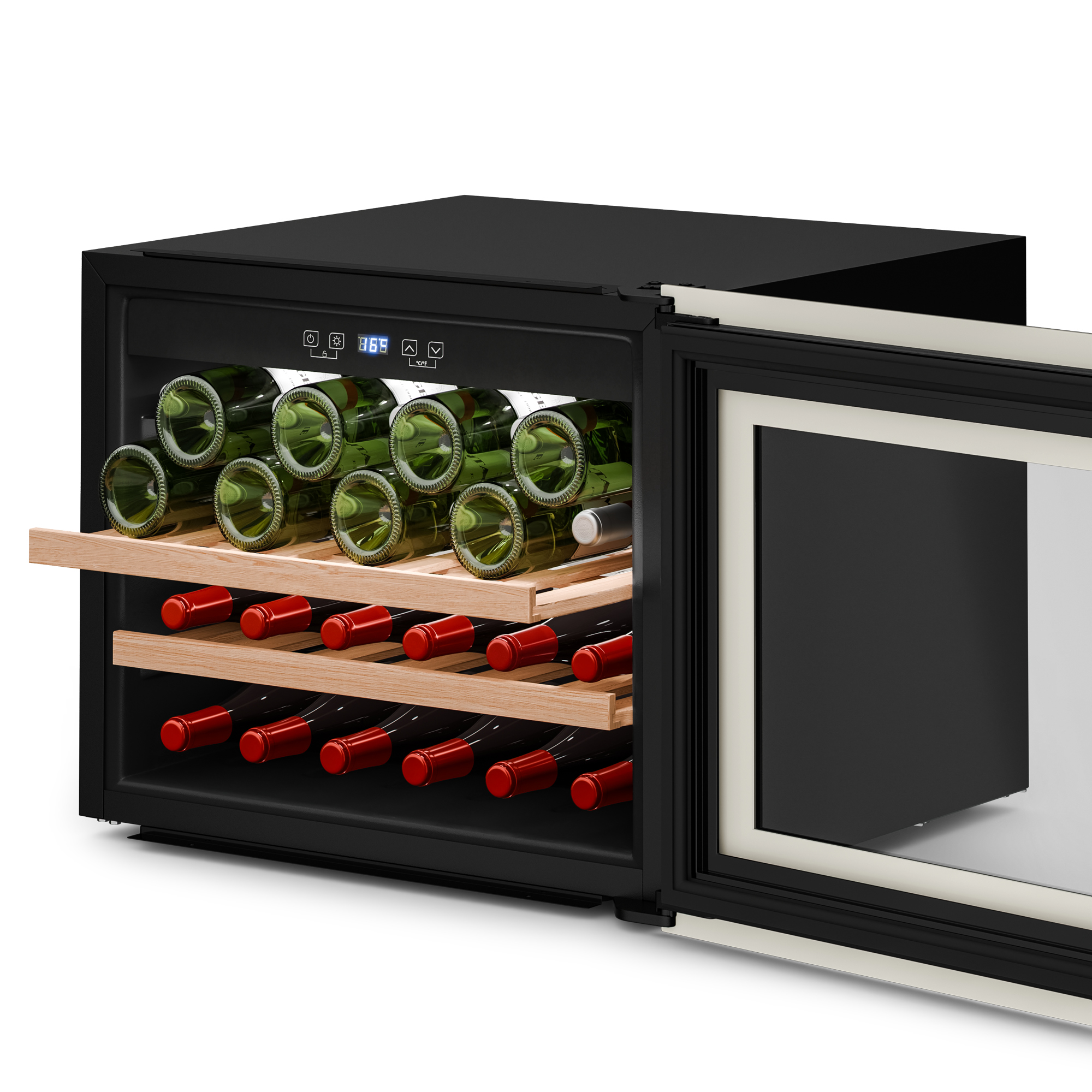 Una cantinetta con porta aperta, che mostra bottiglie di vino verdi e rosse su ripiani in legno. Esterno nero.