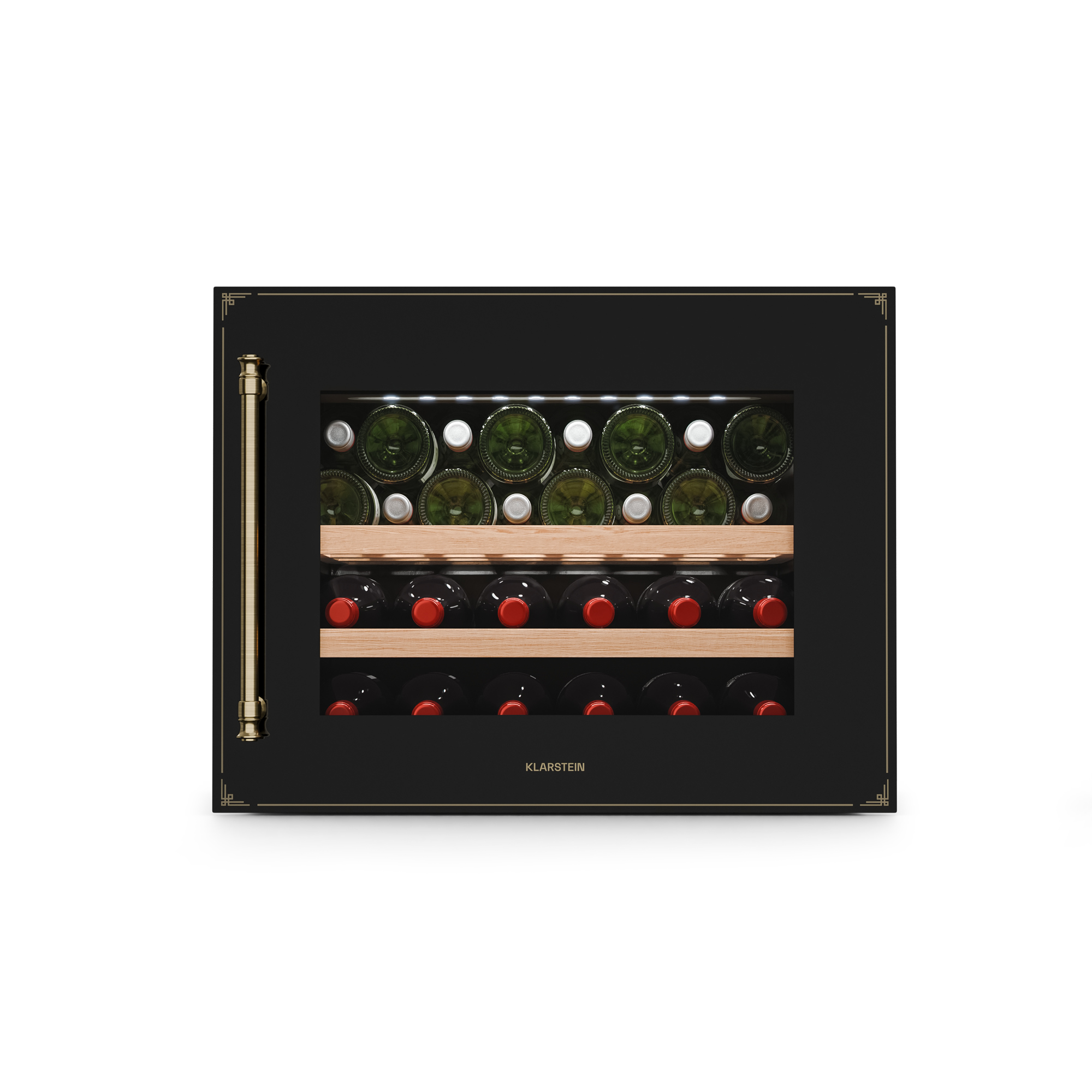 Un refrigeratore per vini con più bottiglie. Sono visibili tappi verdi e rossi.