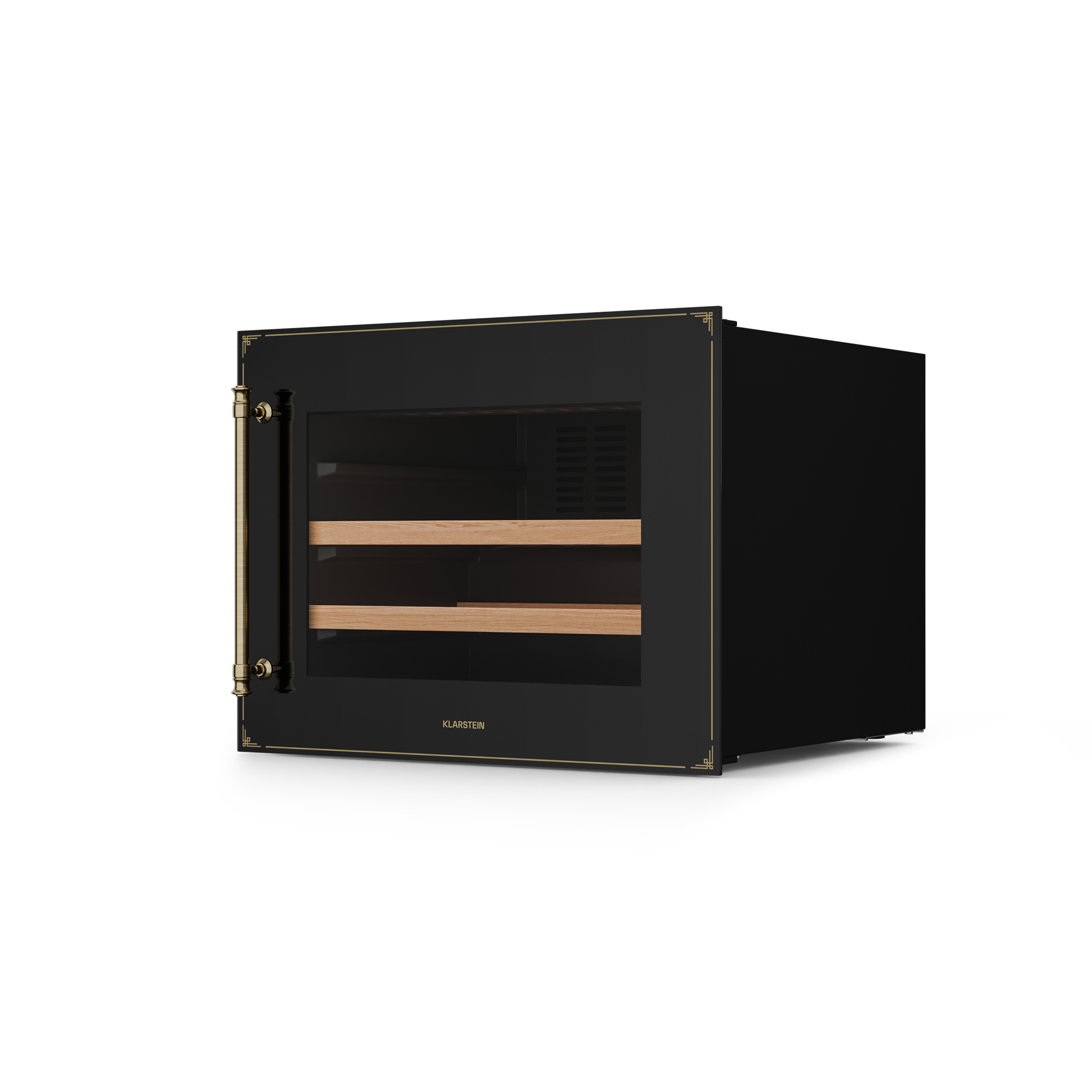 Un frigo per vino nero con dettagli dorati e porta a vetro, che mostra ripiani in legno. Il marchio è visibile.