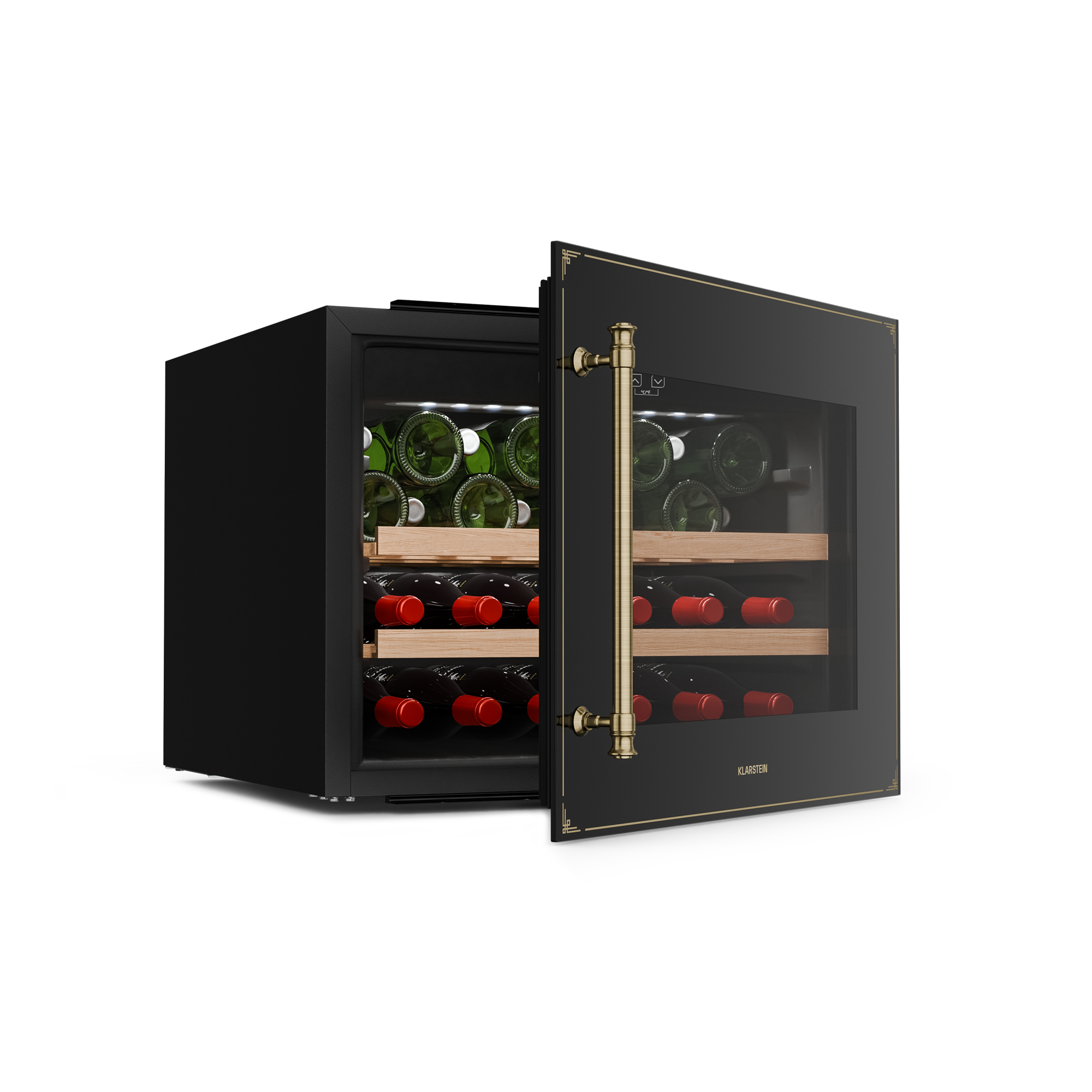 Un refrigeratore per vino nero con porta aperta, che mostra bottiglie di vino su ripiani in legno. Maniglie e finiture dorate.