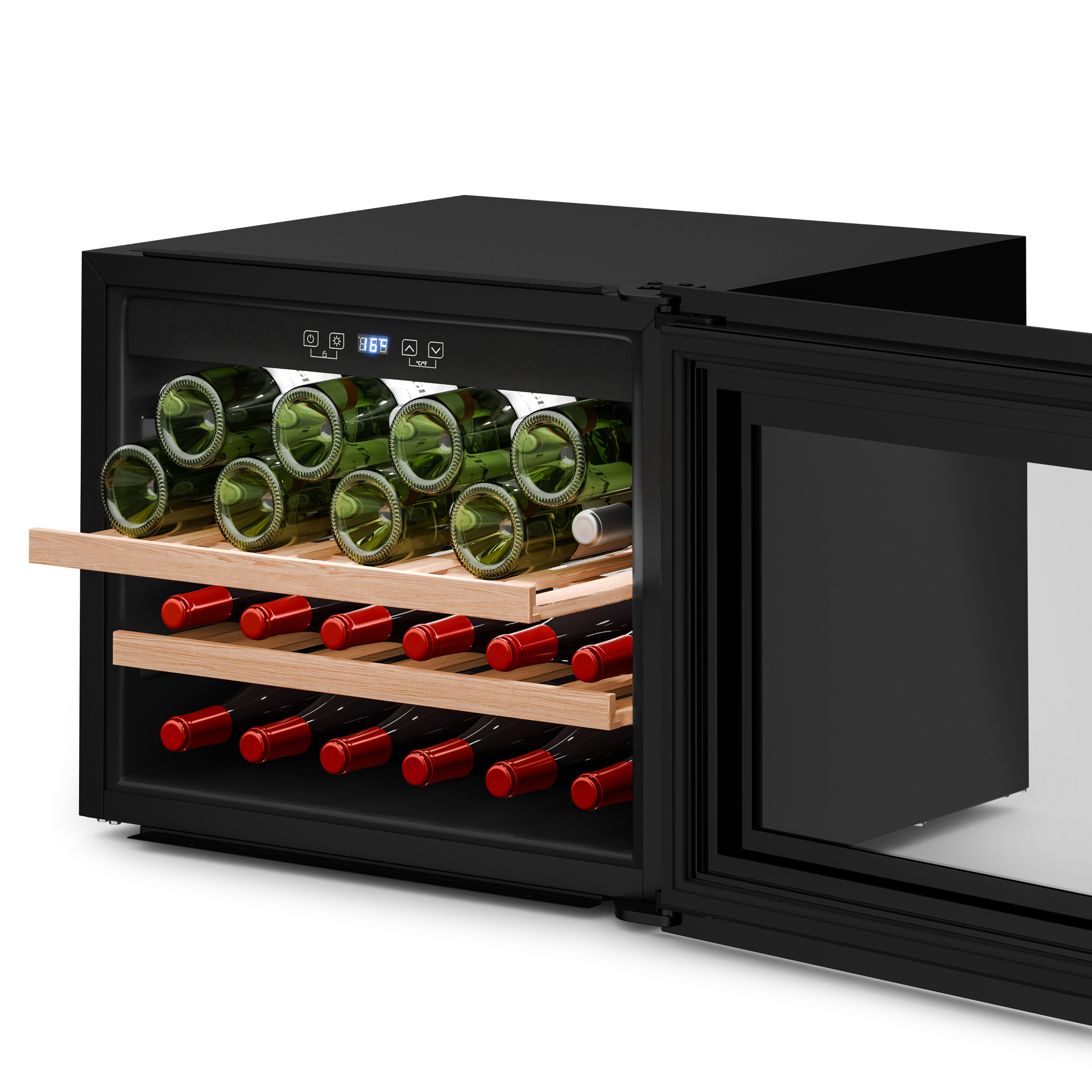 Un refrigeratore per vino nero con porta aperta rivela bottiglie di vino verdi e rosse su ripiani in legno. La temperatura è visualizzata.