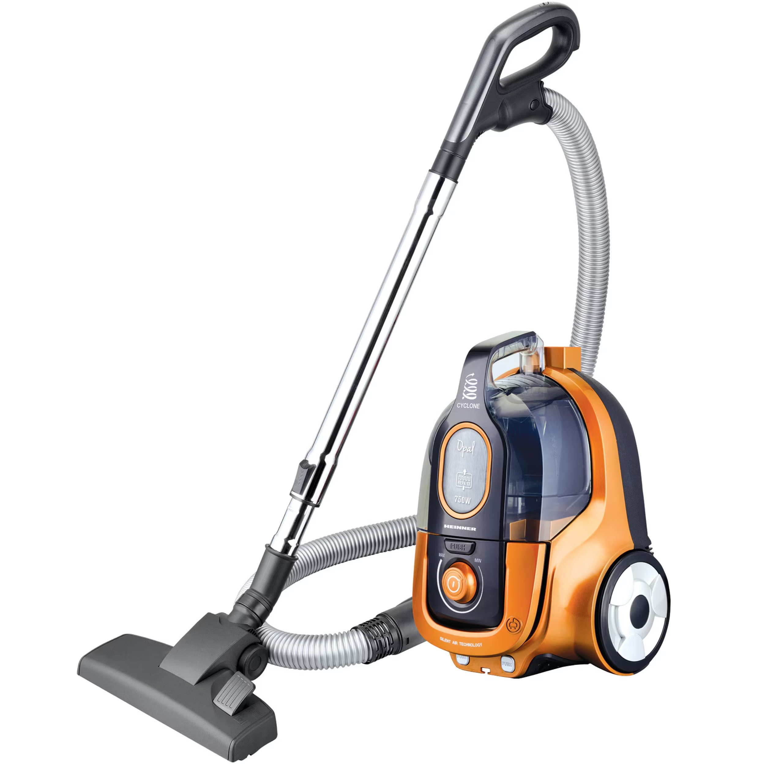 Ein orange-schwarzer Staubsauger mit Metallgriff und Schlauch. Er hat einen Bürstenkopf und einen durchsichtigen Staubbehälter.
