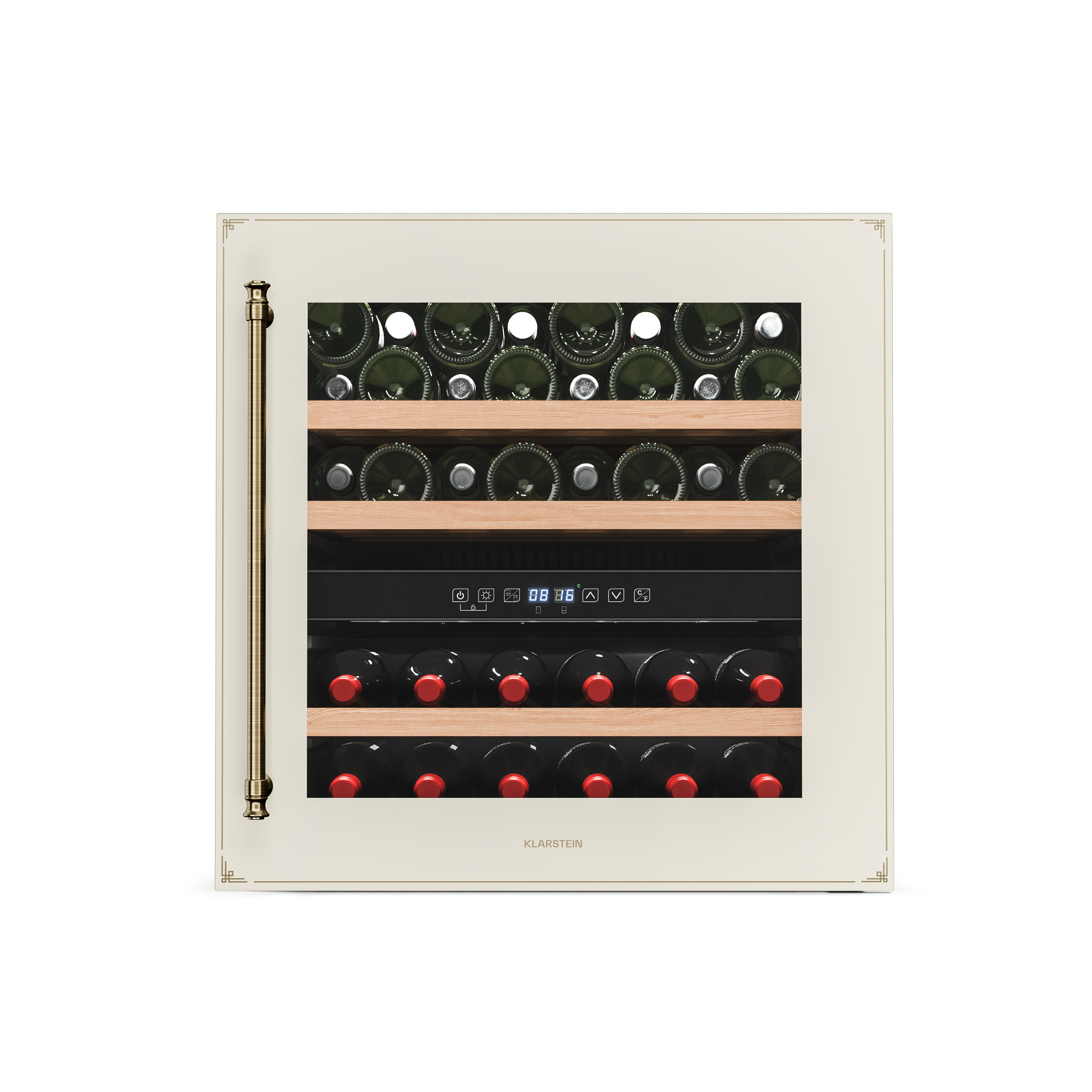 Un frigorifero per vini color crema con più ripiani, contenente bottiglie di vino con tappi visibili. Una maniglia dorata è a sinistra.