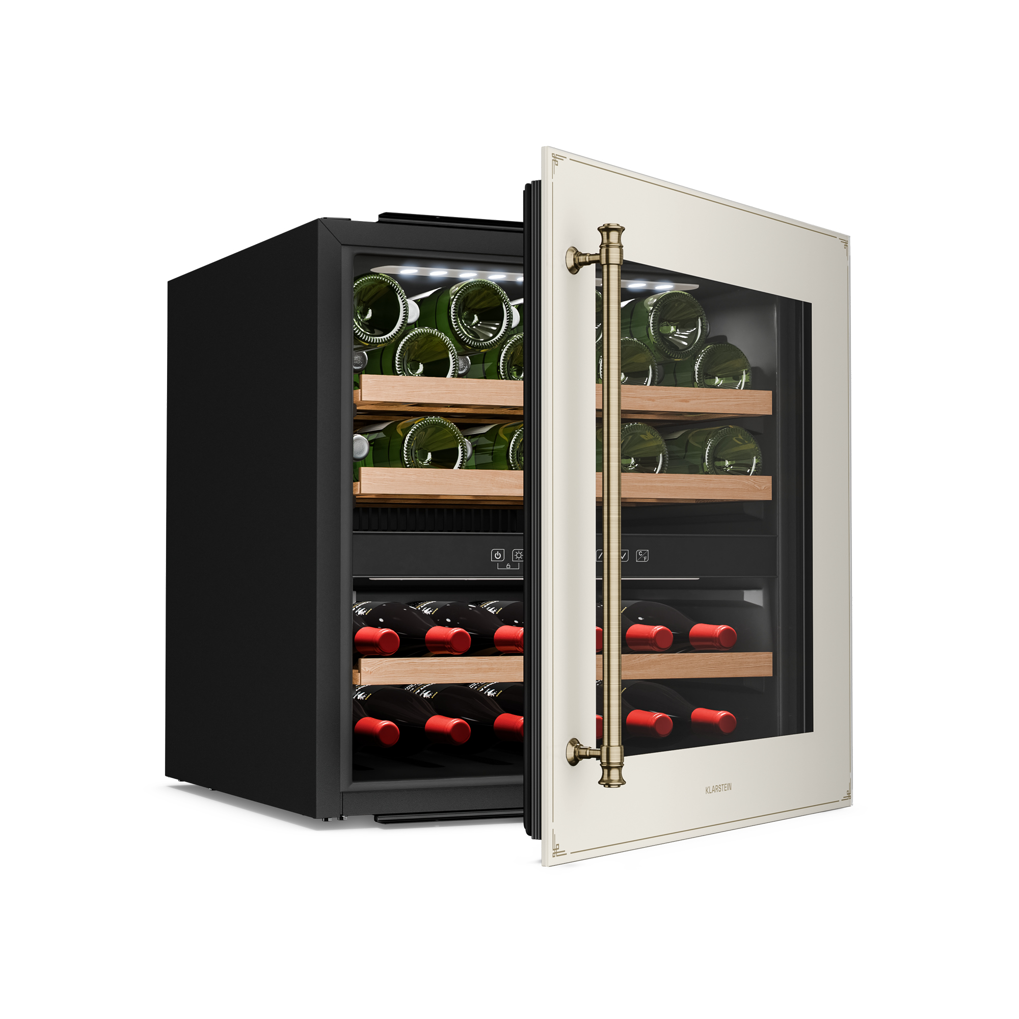 Una cantinetta con porta aperta. Bottiglie verdi e rosse visibili. La porta è bianco sporco con maniglia dorata.