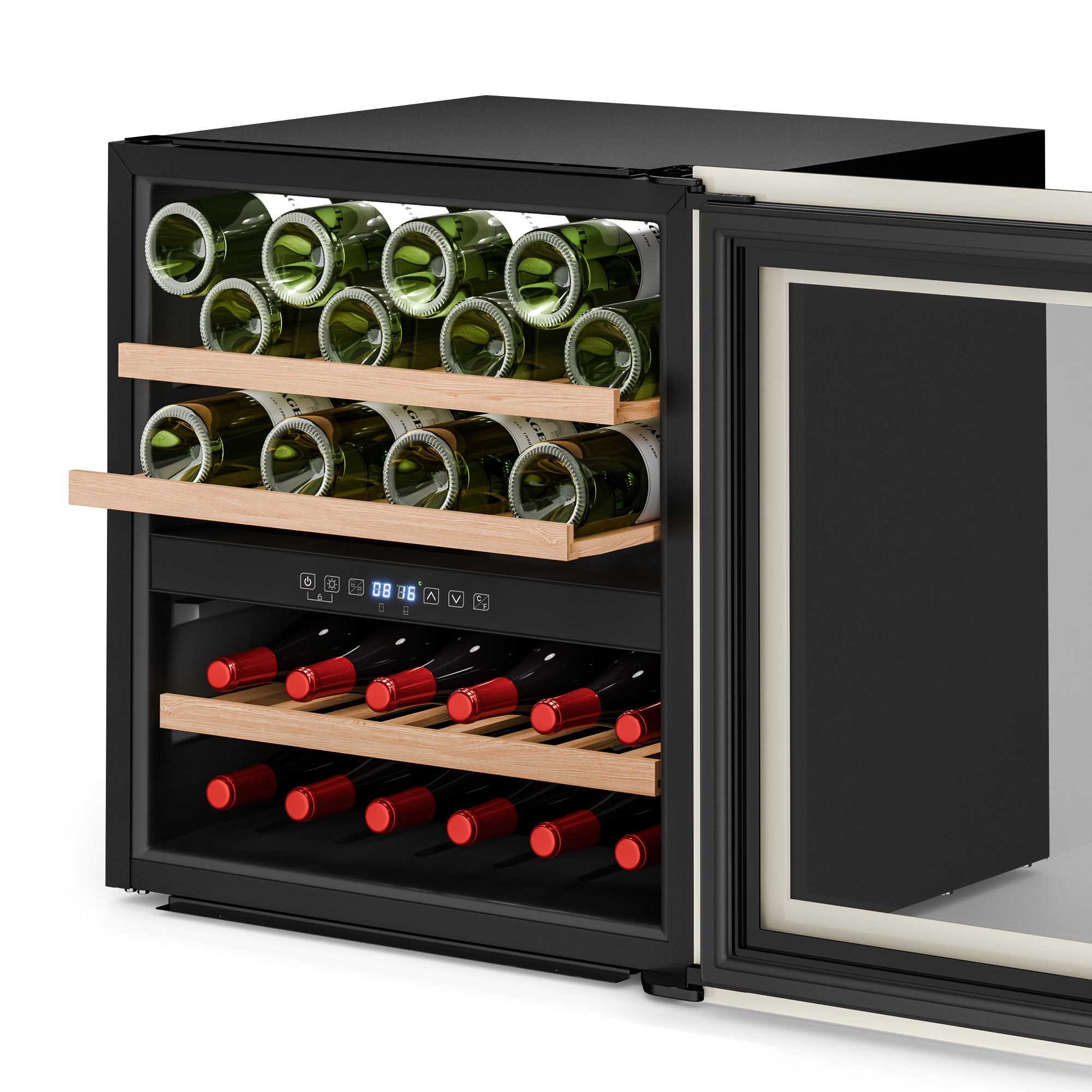 Un refrigeratore per vino con porta aperta, che mostra bottiglie di vino verde e rosso su ripiani in legno. Cornice nera e porta in vetro.