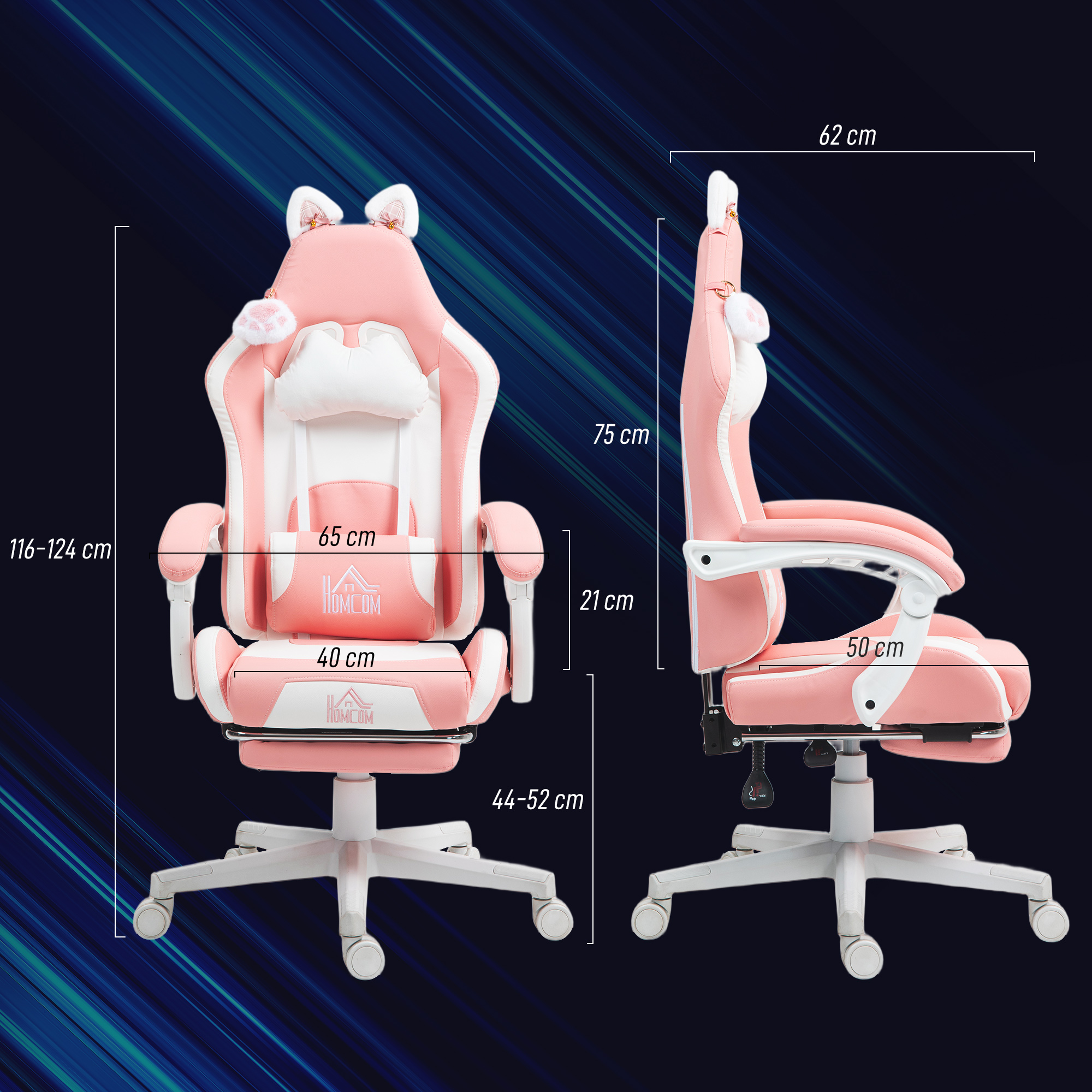 Una silla gaming rosa y blanca con orejas de gato. Se muestran las dimensiones. Tiene base blanca y fondo azul.