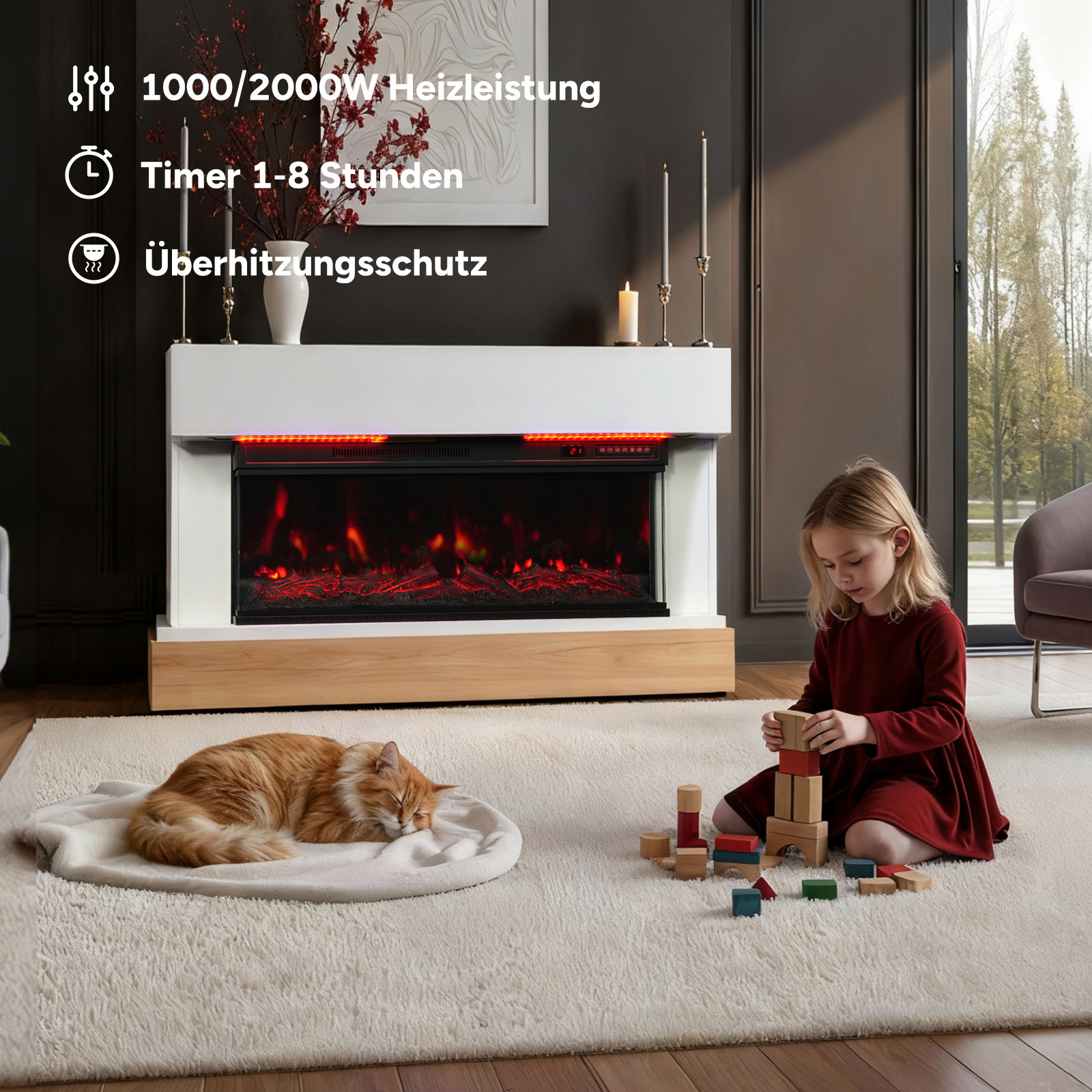 Ein Mädchen spielt mit Blöcken in der Nähe eines Kamins. Eine Katze schläft auf einem Teppich. Der Kamin hat einen Feuereffekt.