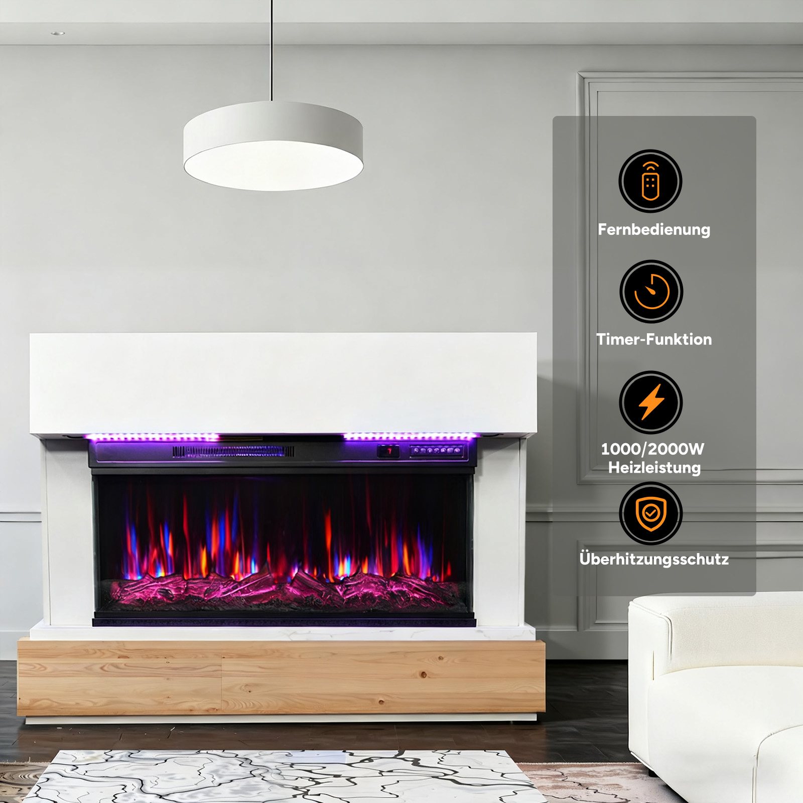 Elektrischer Kamin mit LED-Flammen, weißem Mantel, Holzsockel und Fernbedienungssymbol. Timer- und Überhitzungsschutz.