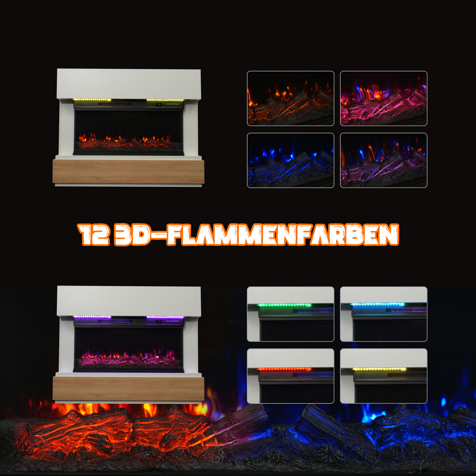 Elektrischer Kamin mit weißem Rahmen, Holzsockel und verschiedenen Flammenfarben. Der Hintergrund ist schwarz.