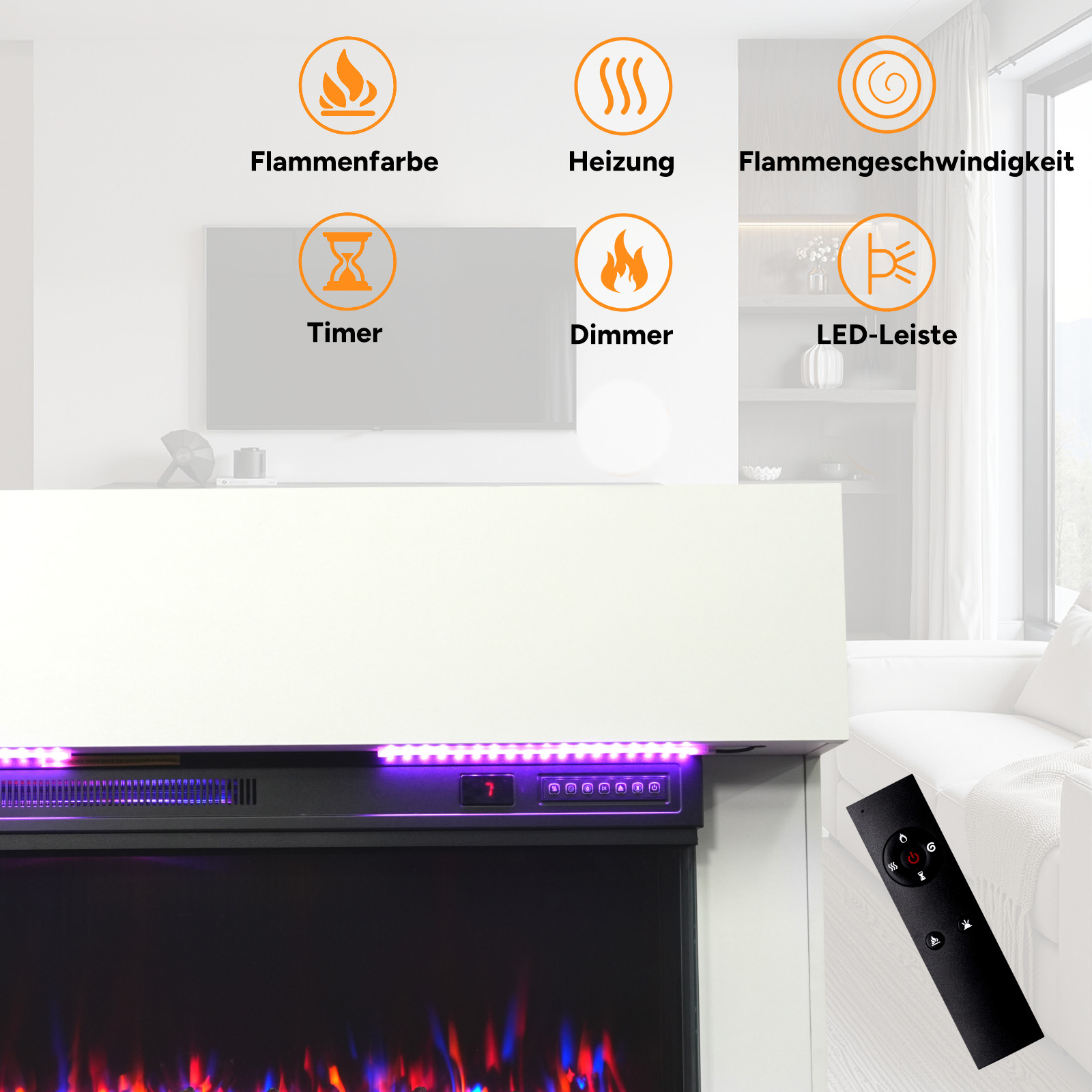 Elektrischer Kamin mit Flammeneffekt. Bedienfeld zeigt 7. Fernbedienung liegt rechts. Funktionssymbole sind oben.