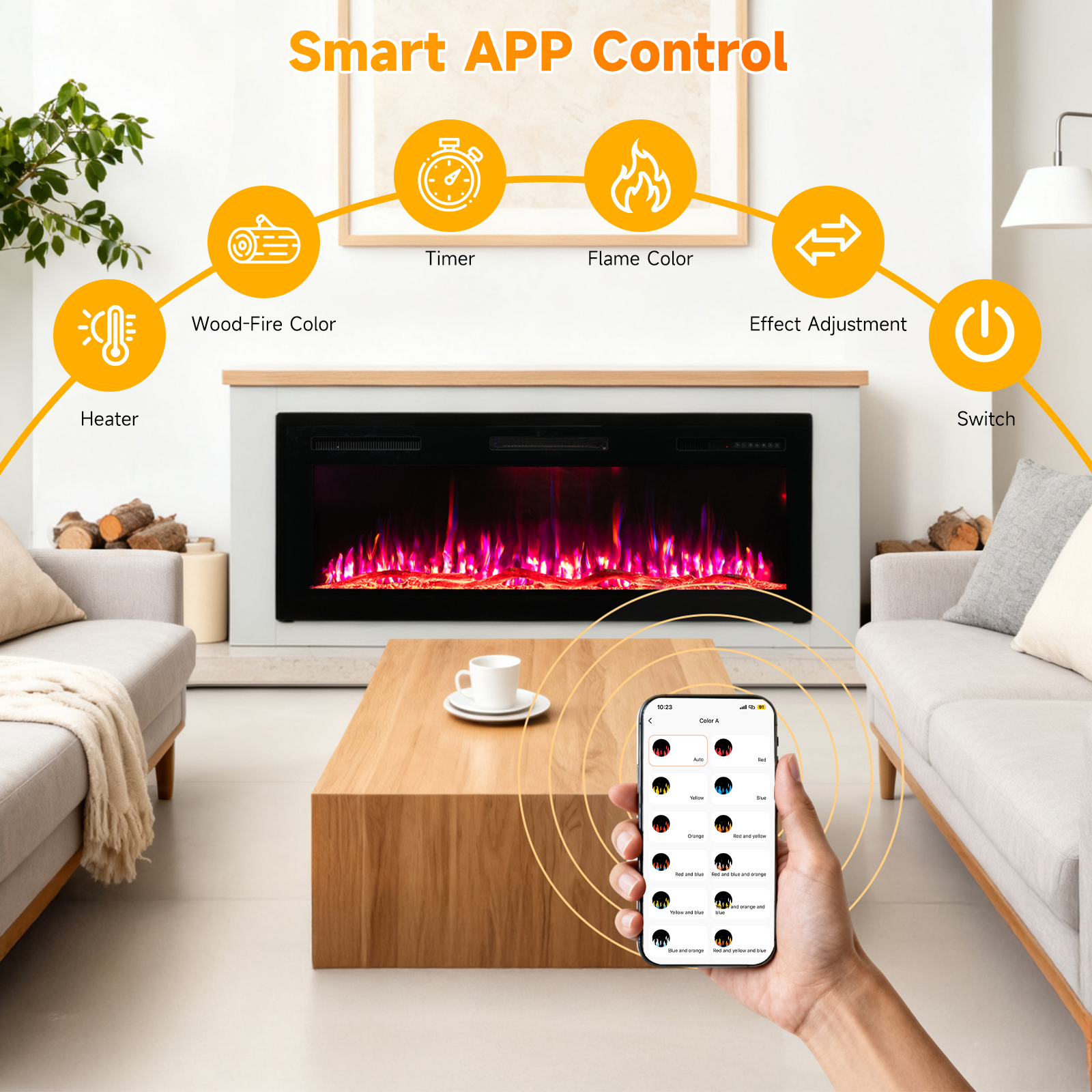 Nowoczesny salon z kominkiem, sofą i smartfonem wyświetlającym opcje kolorów. Podkreślono inteligentne sterowanie aplikacją.