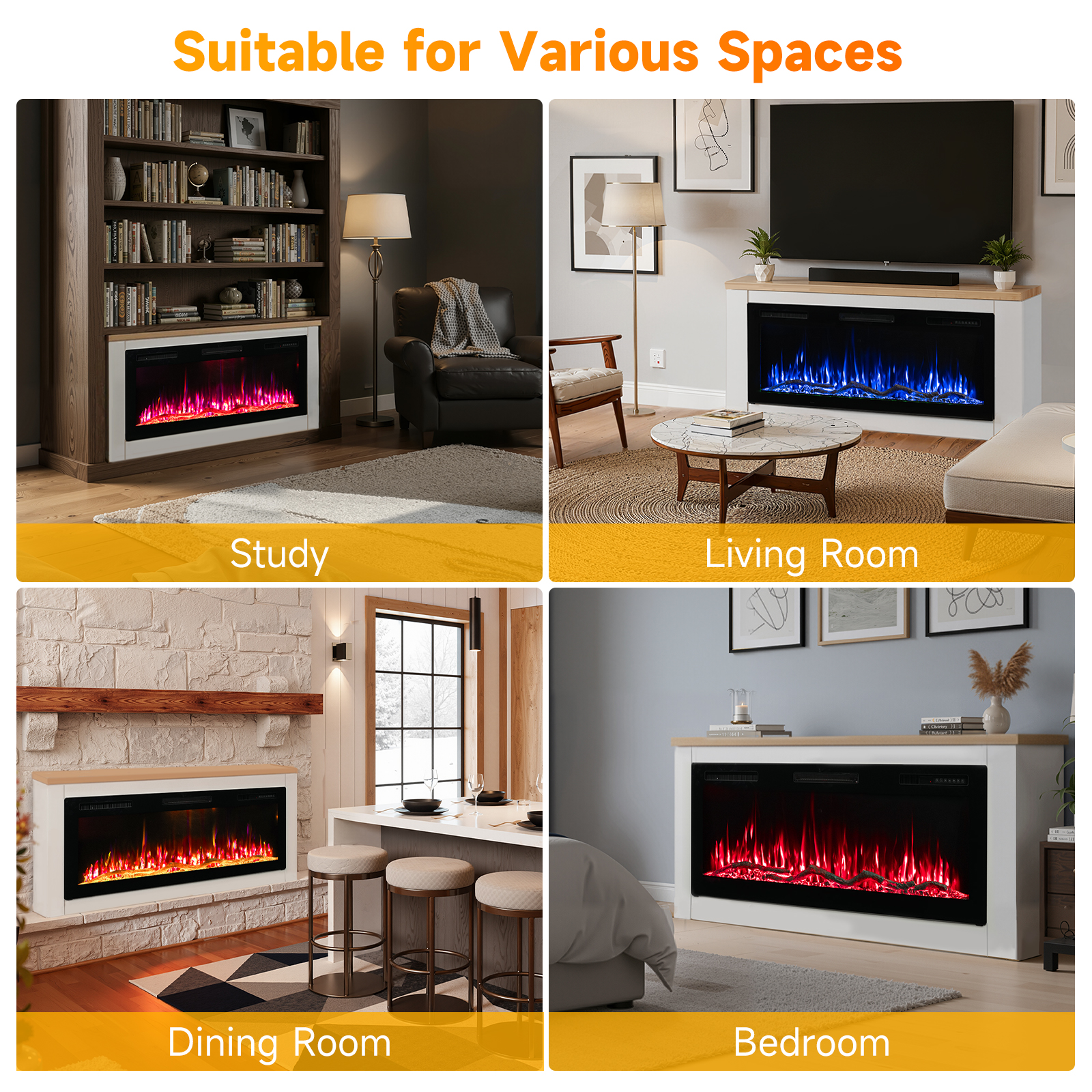 Obraz przedstawia kominki w różnych pomieszczeniach. Każdy kominek ma kolorowe płomienie, z etykietami Gabinet, Salon, Jadalnia i Sypialnia.