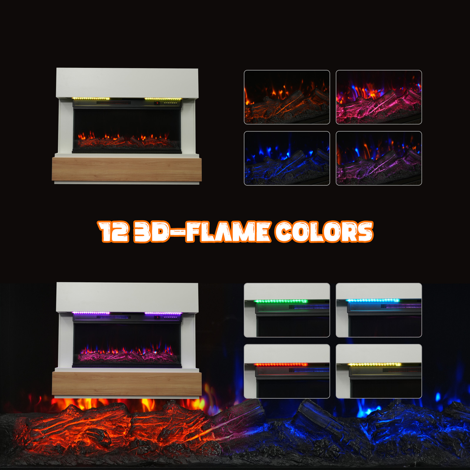 Kominek elektryczny z 12 kolorami płomieni, białą ramą, drewnianą podstawą i różnymi opcjami kolorów płomieni.