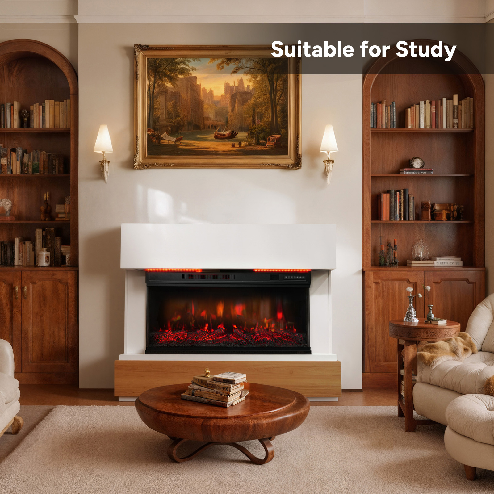 Salon z kominkiem, regałami, okrągłym stołem z książkami i obrazem nad kominkiem.