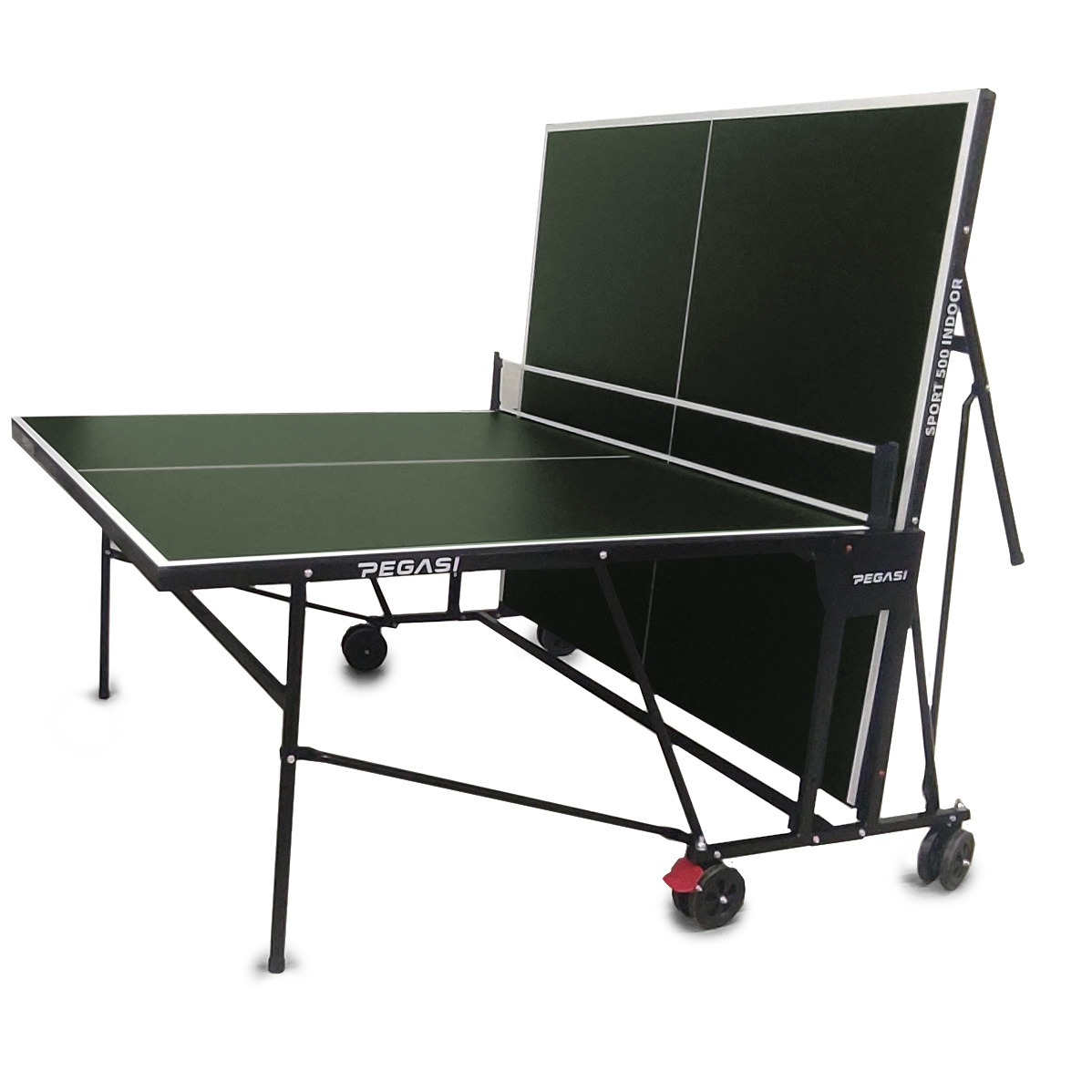 A green and black ping pong table stands upright. It has a net, wheels, and the brand name 'PEGASI' visible.