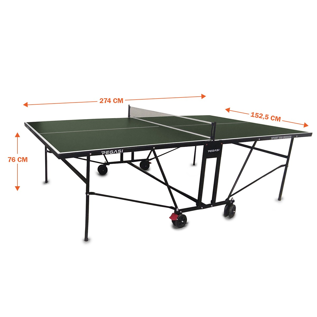 A green ping pong table with black frame, net, and wheels. Dimensions: 274cm x 152.5cm x 76cm. Brand: Pegasi.