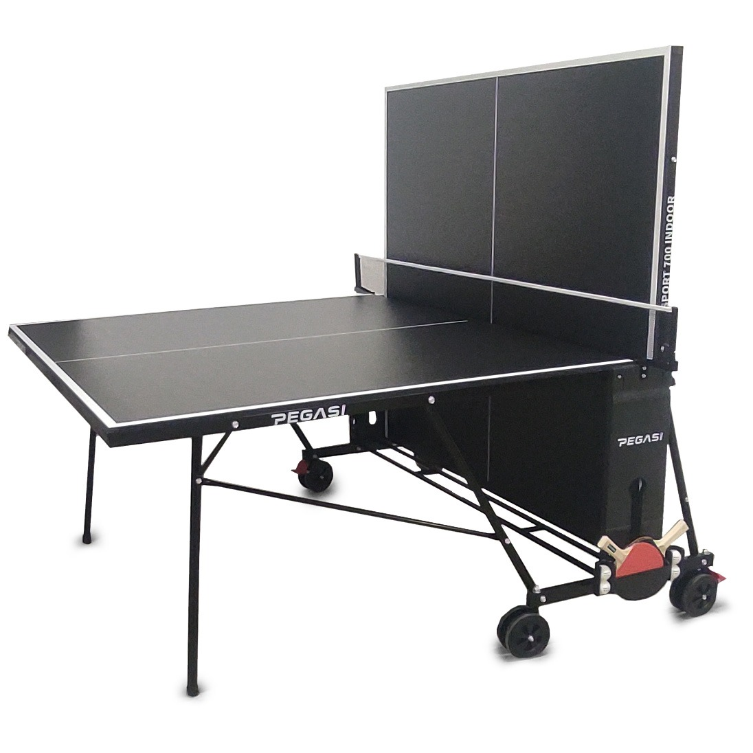 A black and white ping pong table with a net. Paddles and balls are attached. It has wheels for easy movement. The brand is Pegasi.