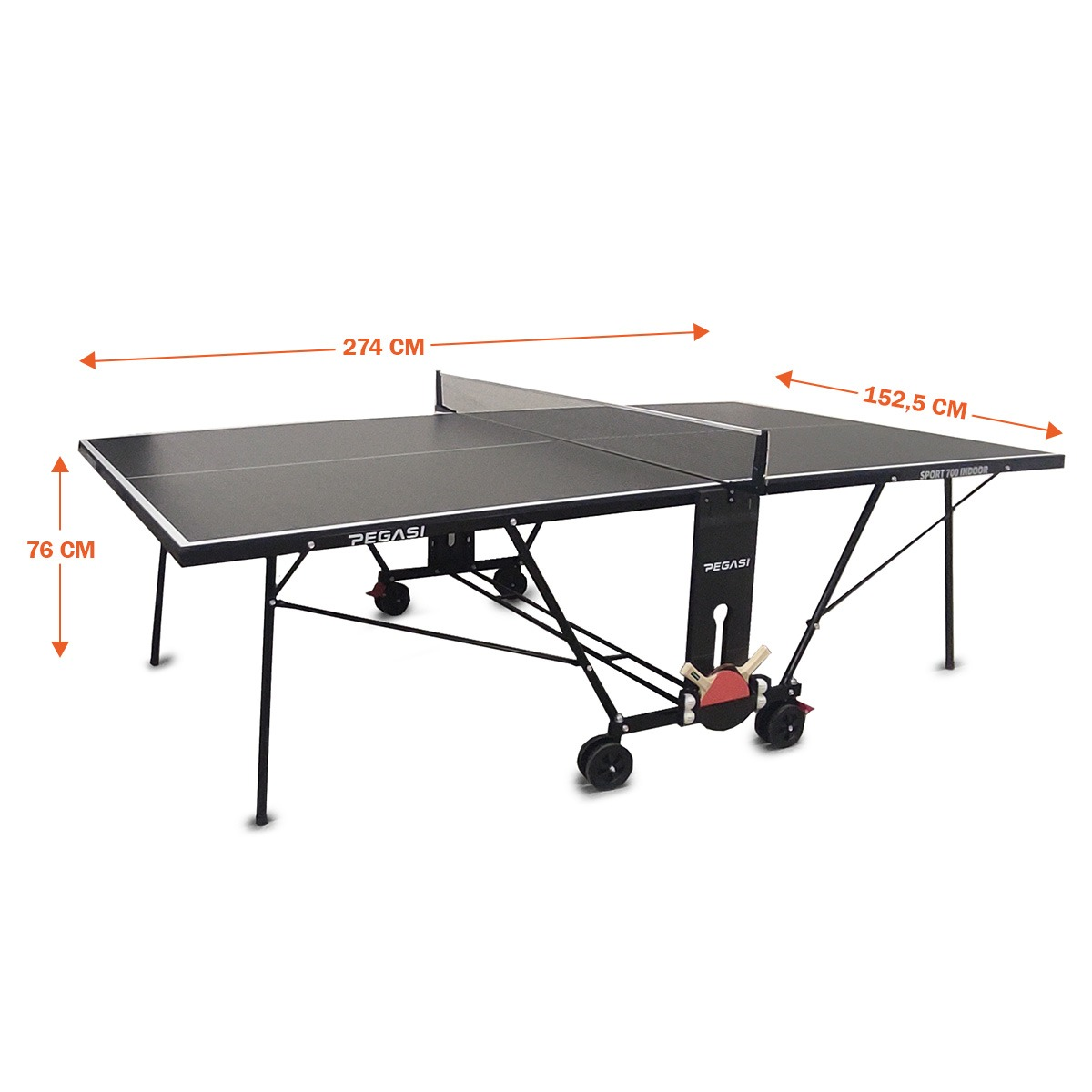 A black ping pong table with net, wheels, and black legs. The table has dimensions marked in cm.