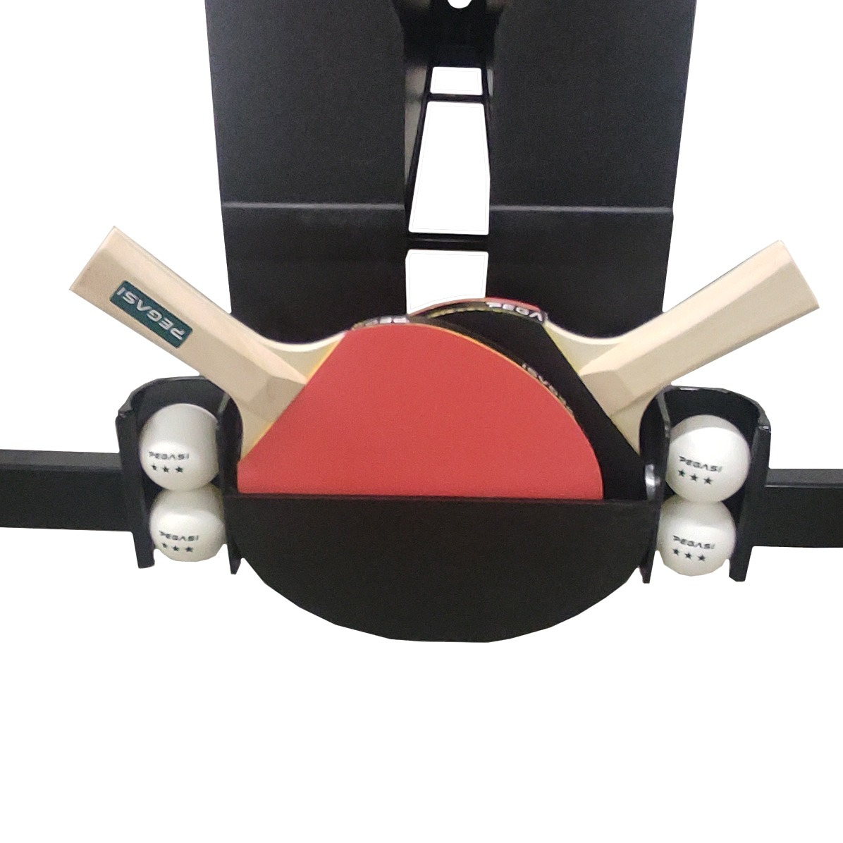 A table tennis set, including rackets, balls, and storage. Rackets have red and black rubber. White balls and a black holder.