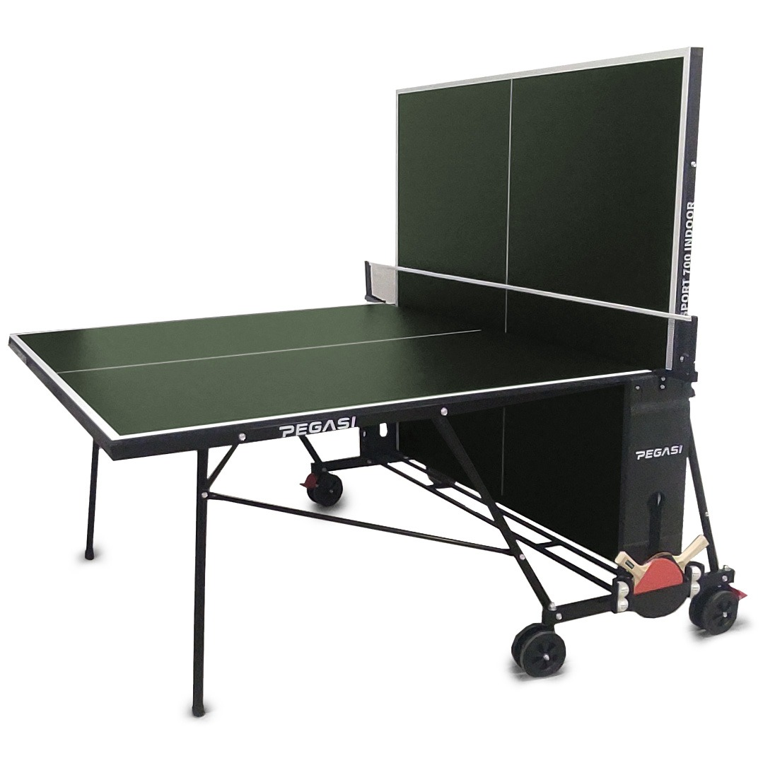 A green ping pong table with a net, black frame, and wheels. Pegasi brand is visible. Two paddles are attached.
